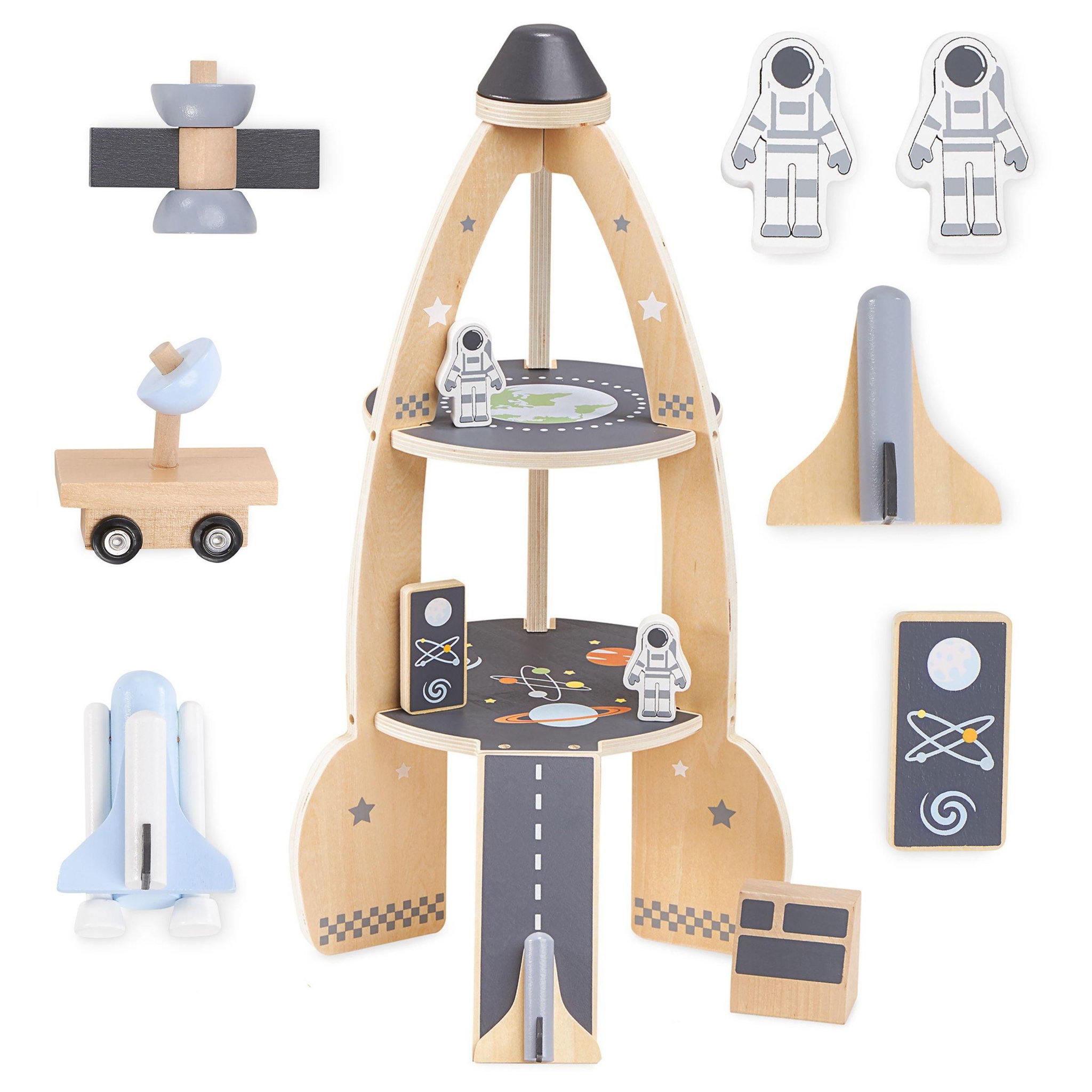 MAMABRUM Fusée Spatiale en Bois pour Enfant avec 2 Astronautes, Véhicules et Accessoires dès 3 Ans