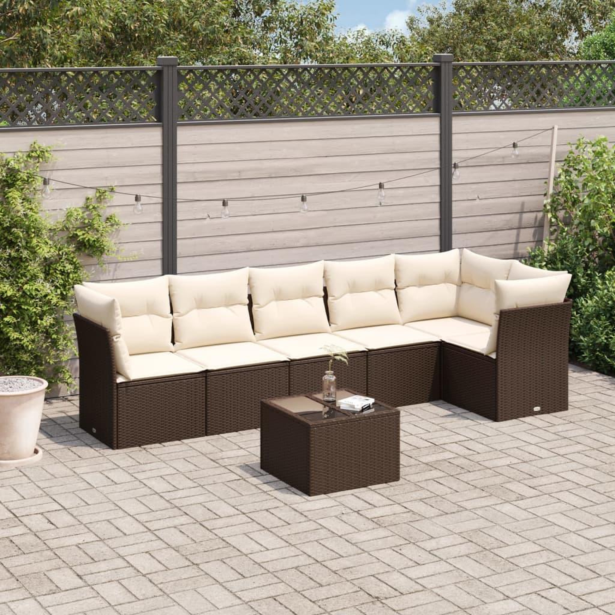 VIDAXL Salon de jardin avec coussins 7 pcs marron resine tressee