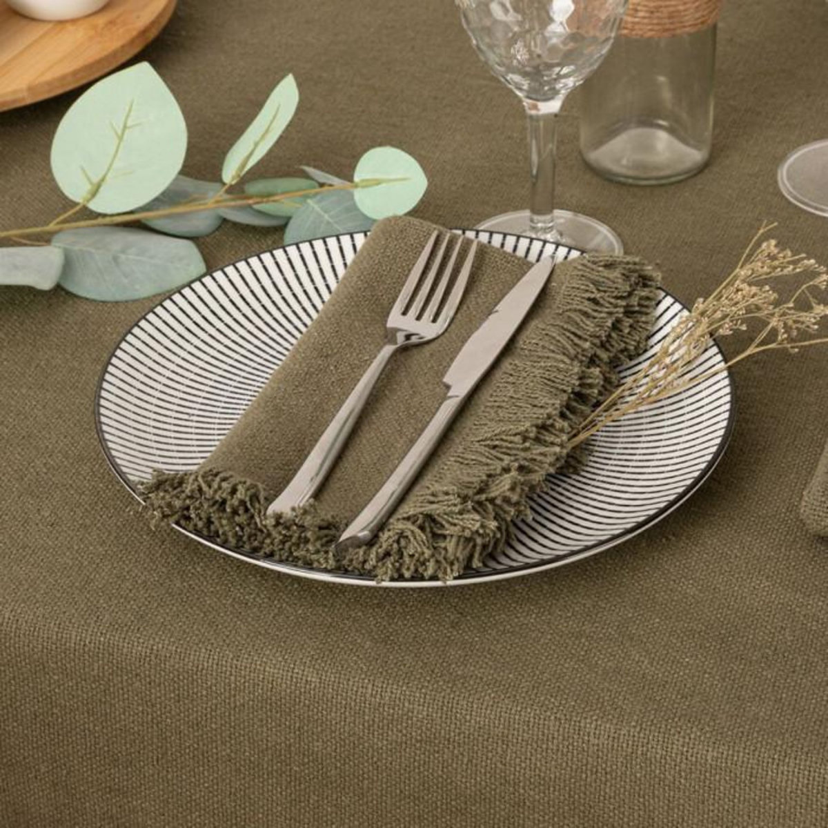 ATMOSPHERA Lot de 2 Serviettes de Table  Maha  40x40cm Vert Kaki