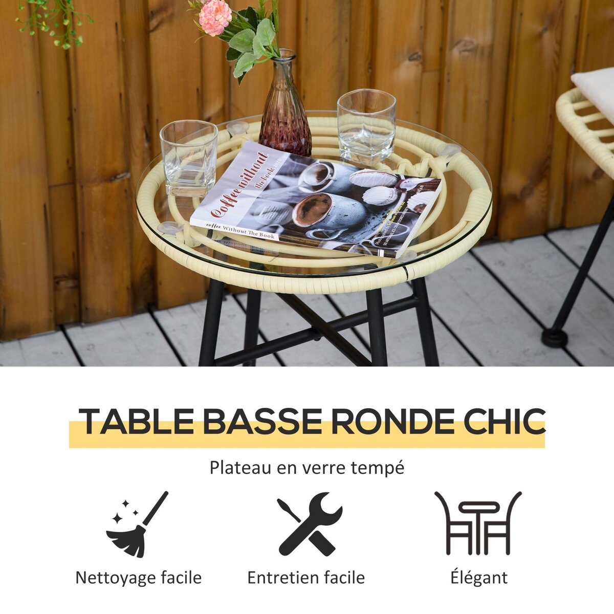 OUTSUNNY Ensemble bistro de jardin 2 places 3 pièces style exotique 2 chaises + table basse ronde métal époxy noir résine tressée beige