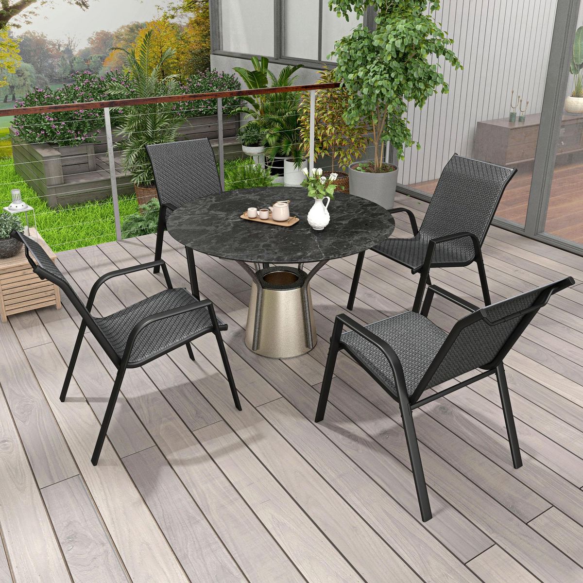 OUTSUNNY Lot de 4 chaises de jardin empilables - accoudoirs - design - acier époxy noir résine tressée grise