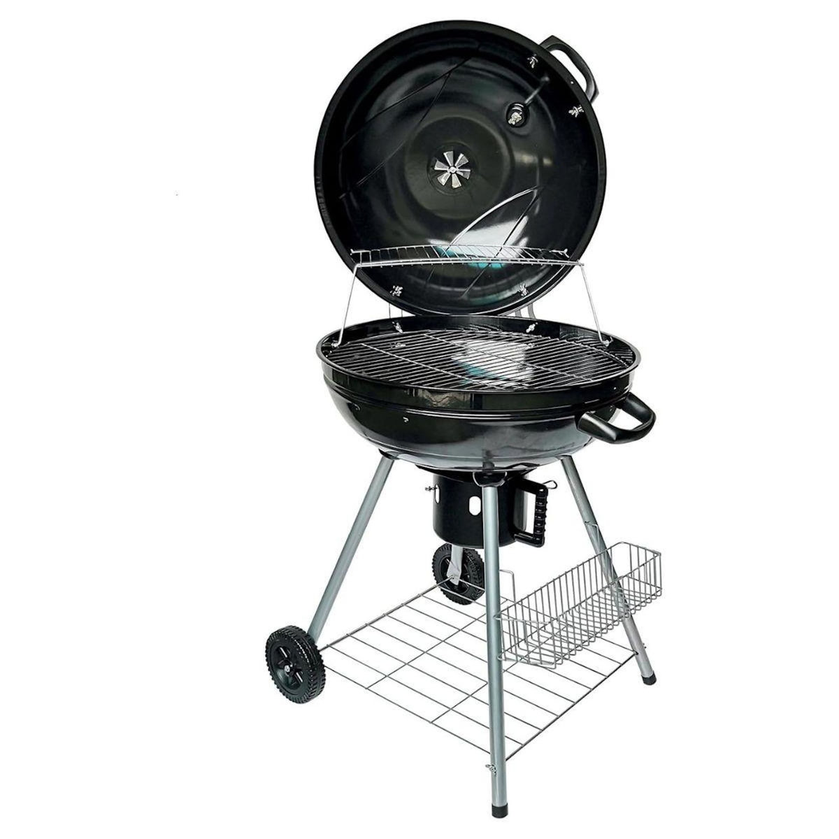 INTEC Barbecue à Charbon de Bois Ø54cm Double Grille Cuisson & Couvercle Thermostat Bac à cendres, Barbecue sur roues avec rangement