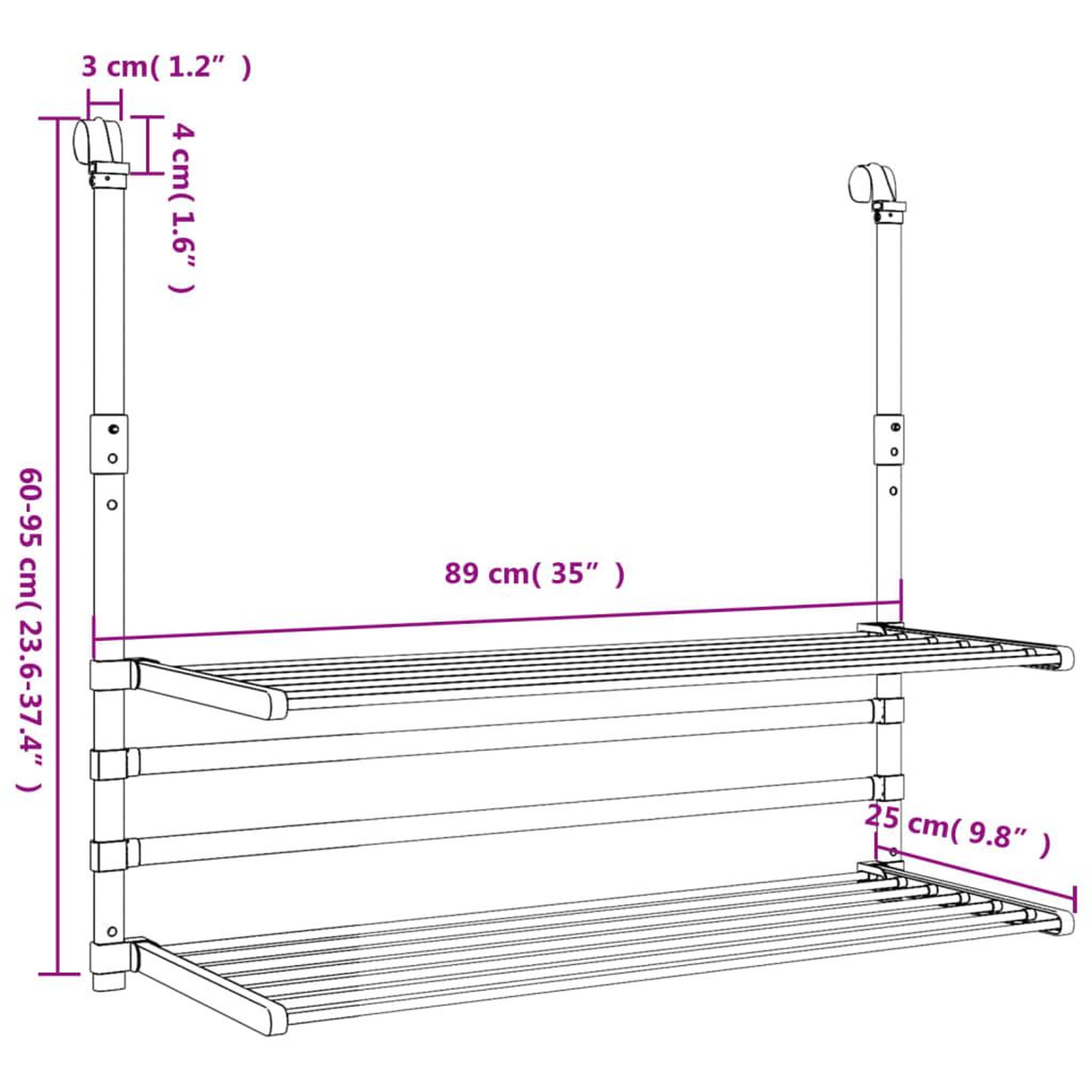 Voir la diapositive 6 : VIDAXL Sechoir a linge pour balcon 89x25x(60-95) cm aluminium