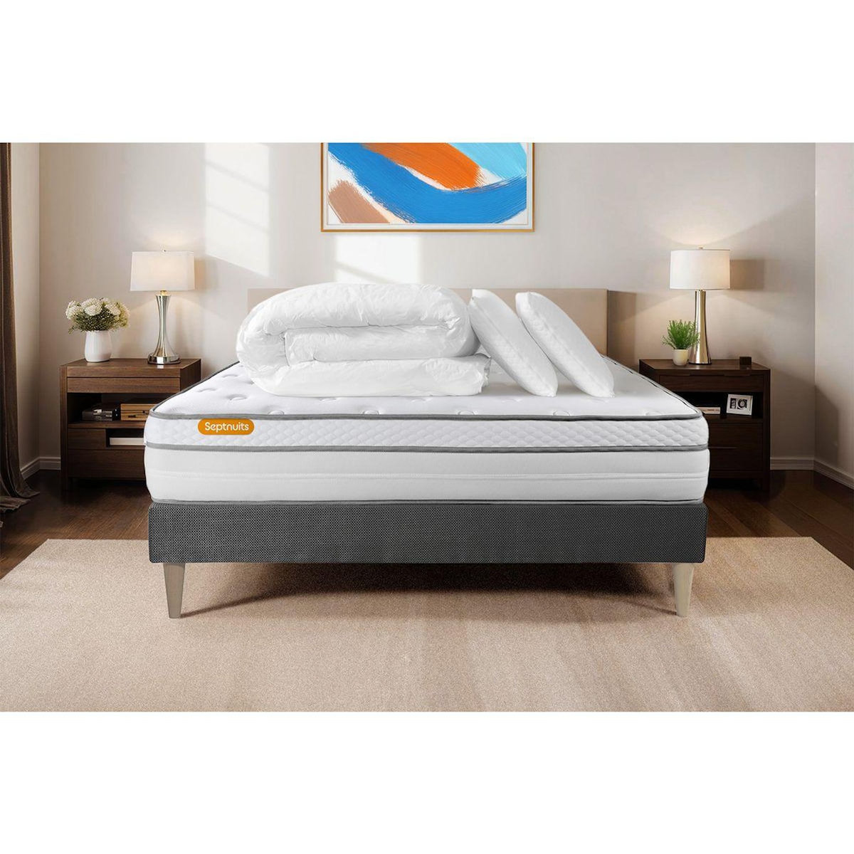 SEPTNUITS Pack matelas + sommier gris Memo Luxe Ressorts ensachés + mémoire de forme 5 zones de confort MAXI épaisseur
