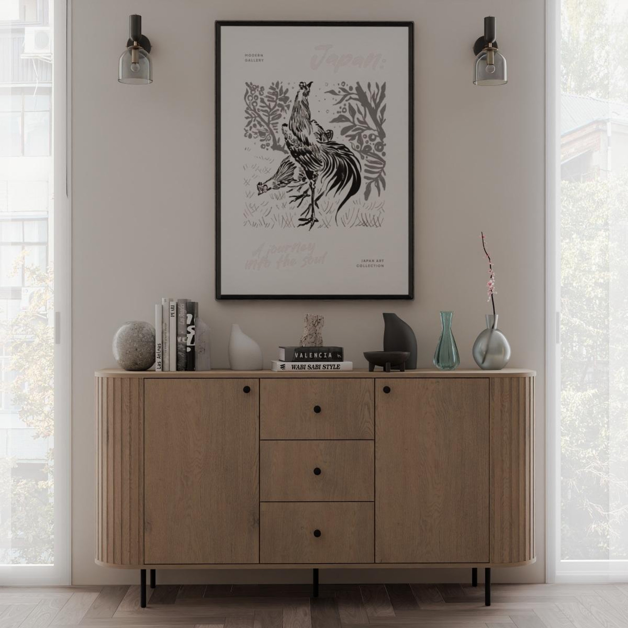 Voir la diapositive 2 : JLC KREATION Buffet bas arrondi bois avec tiroirs 165cm lilio