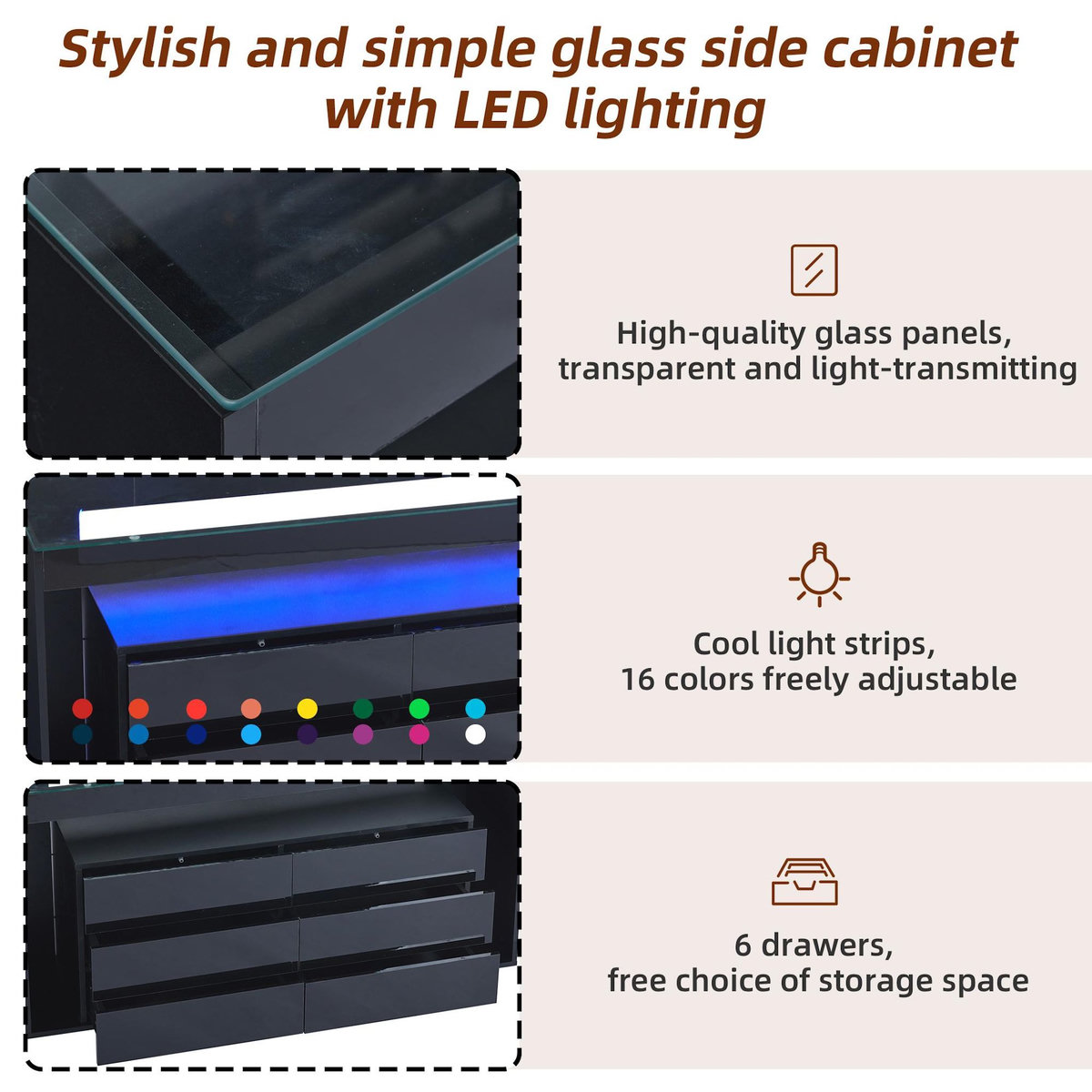MERAX Buffet 0 porte(s) 6 tiroir(s) - 140 cm noir led panneaux de particules
