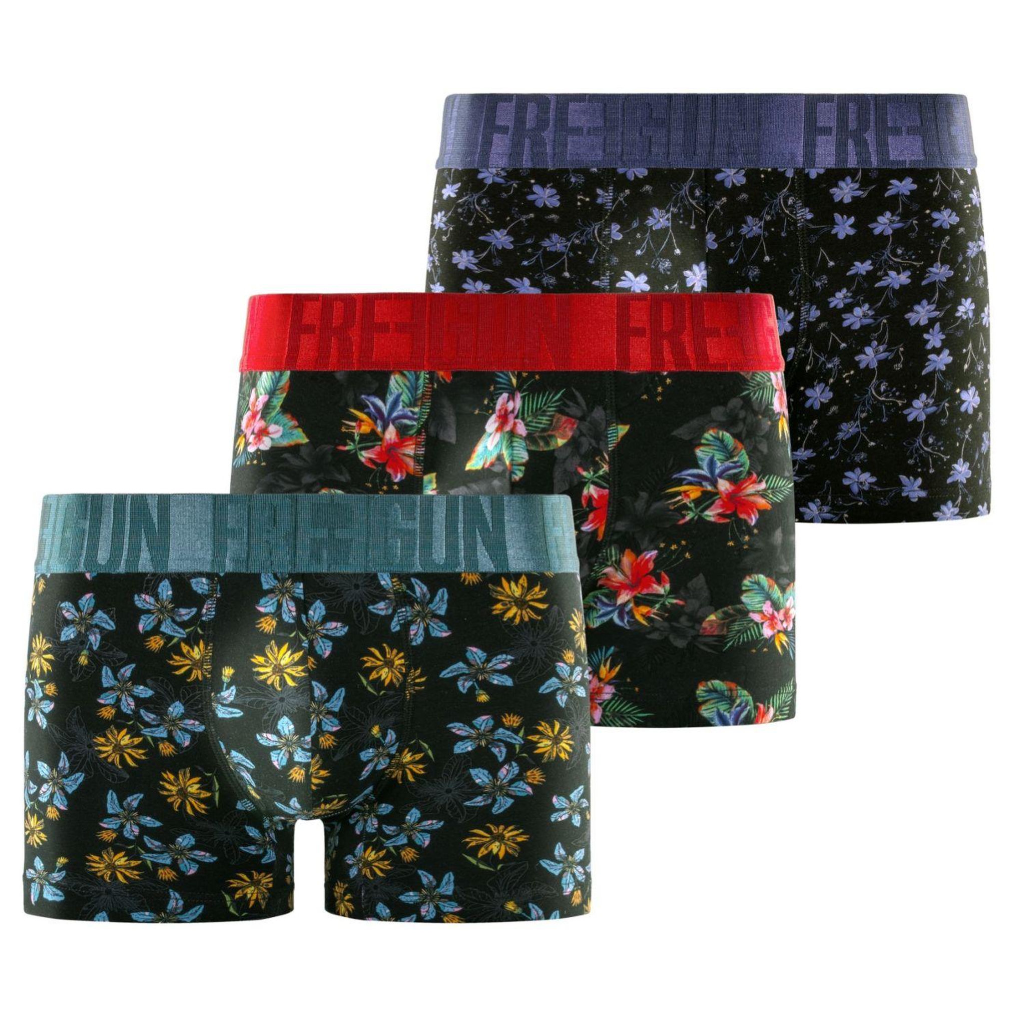 FREEGUN Lot de 3 boxers homme Flowers. Coloris disponibles : Vert