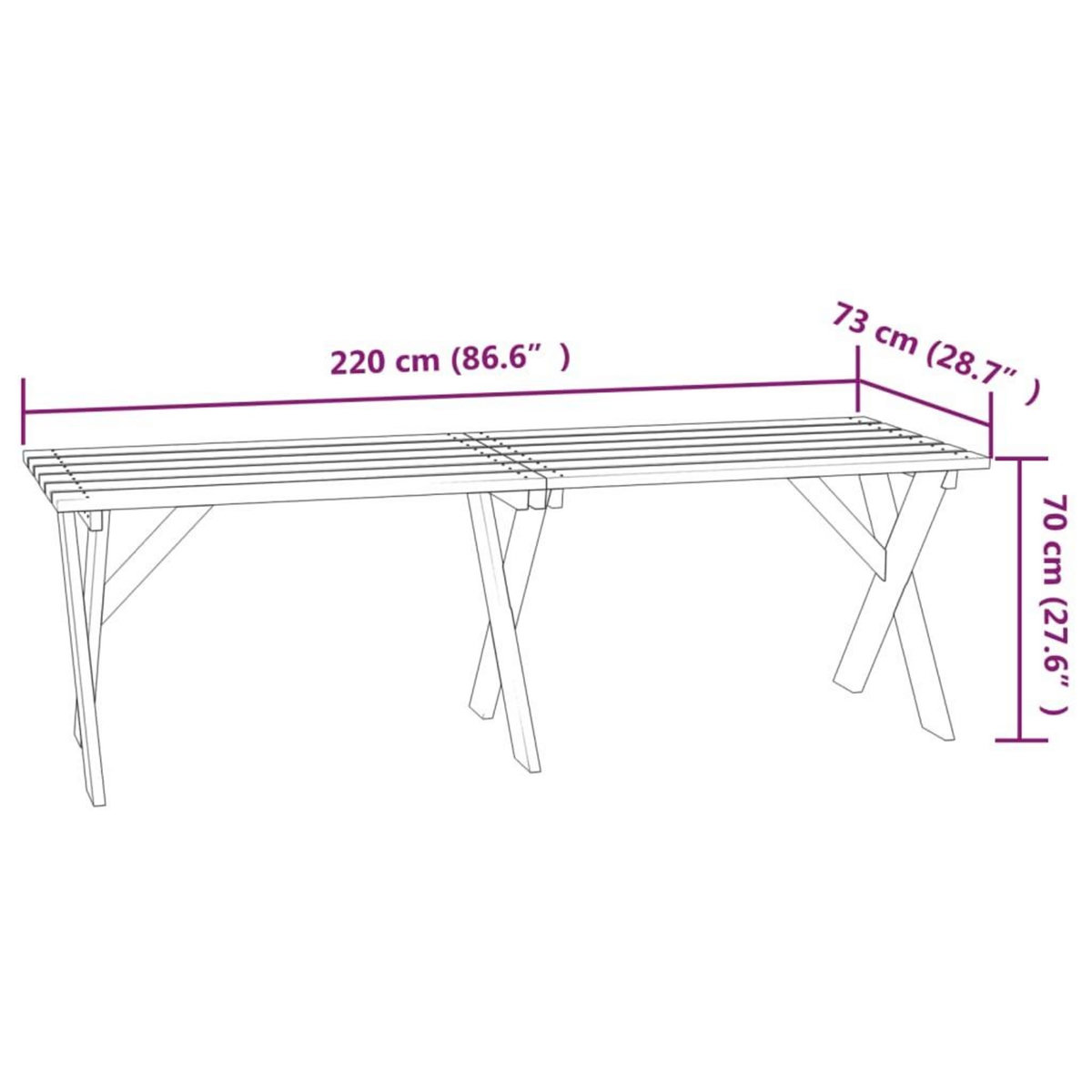 VIDAXL Table de jardin 220x73x70 cm Bois de pin impregne