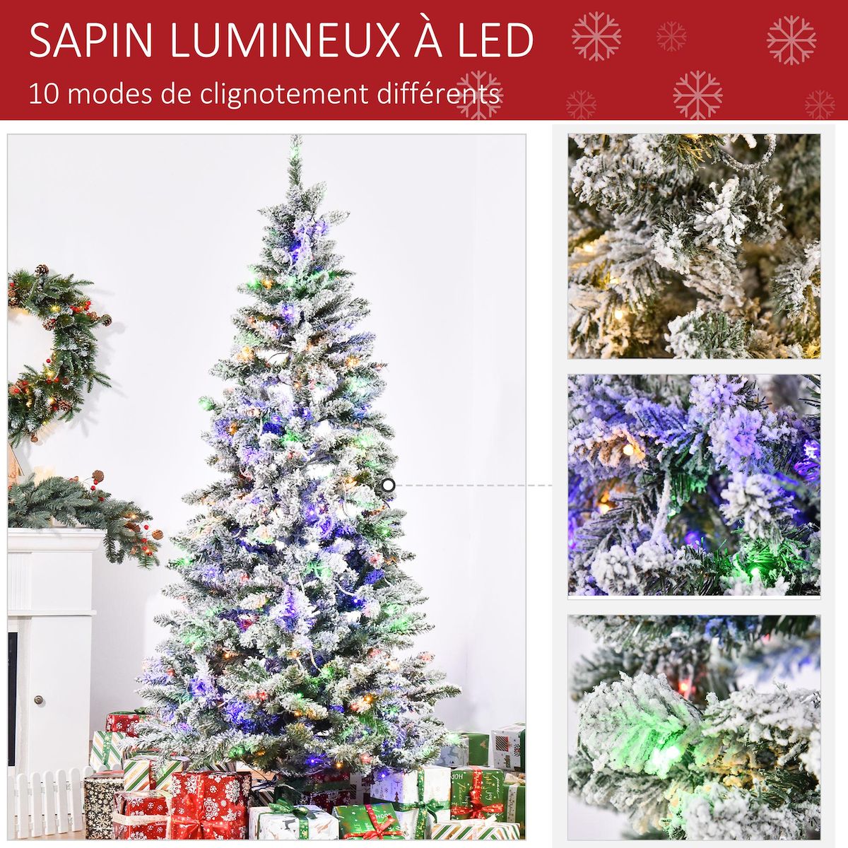 HOMCOM Sapin de Noël artificiel enneigé lumineux LED x 250 multicolore Ø 112 x 210H cm 829 branches vert blanc
