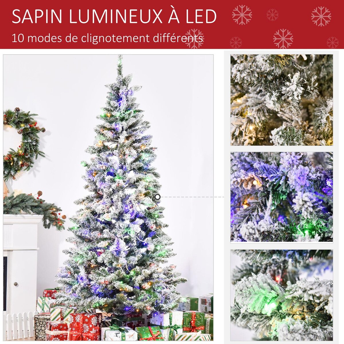 HOMCOM Sapin de Noël artificiel enneigé lumineux LED x 250 multicolore Ø 112 x 210H cm 829 branches vert blanc