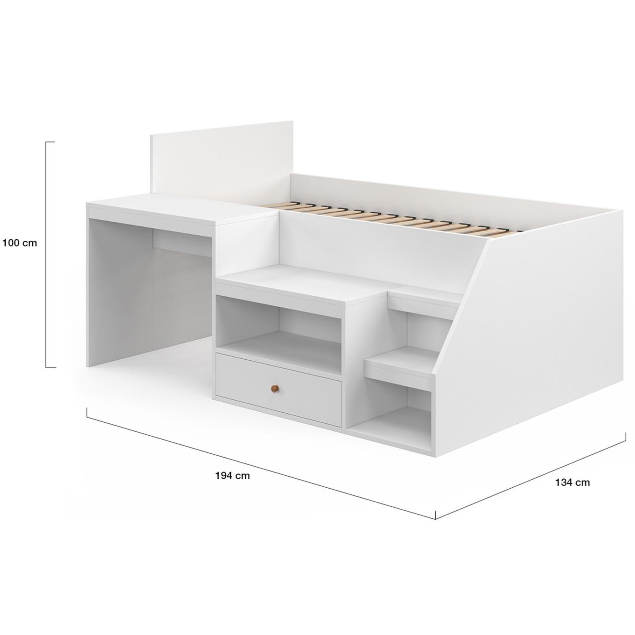 Voir la diapositive 4 : ID MARKET Lit combiné avec sommier, bureau et rangement leopold 90 x 190 cm blanc