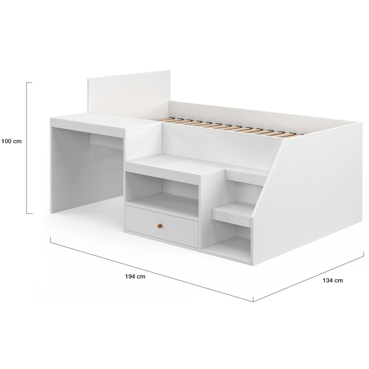ID MARKET Lit combiné avec sommier, bureau et rangement LEOPOLD 90 x 190 cm blanc