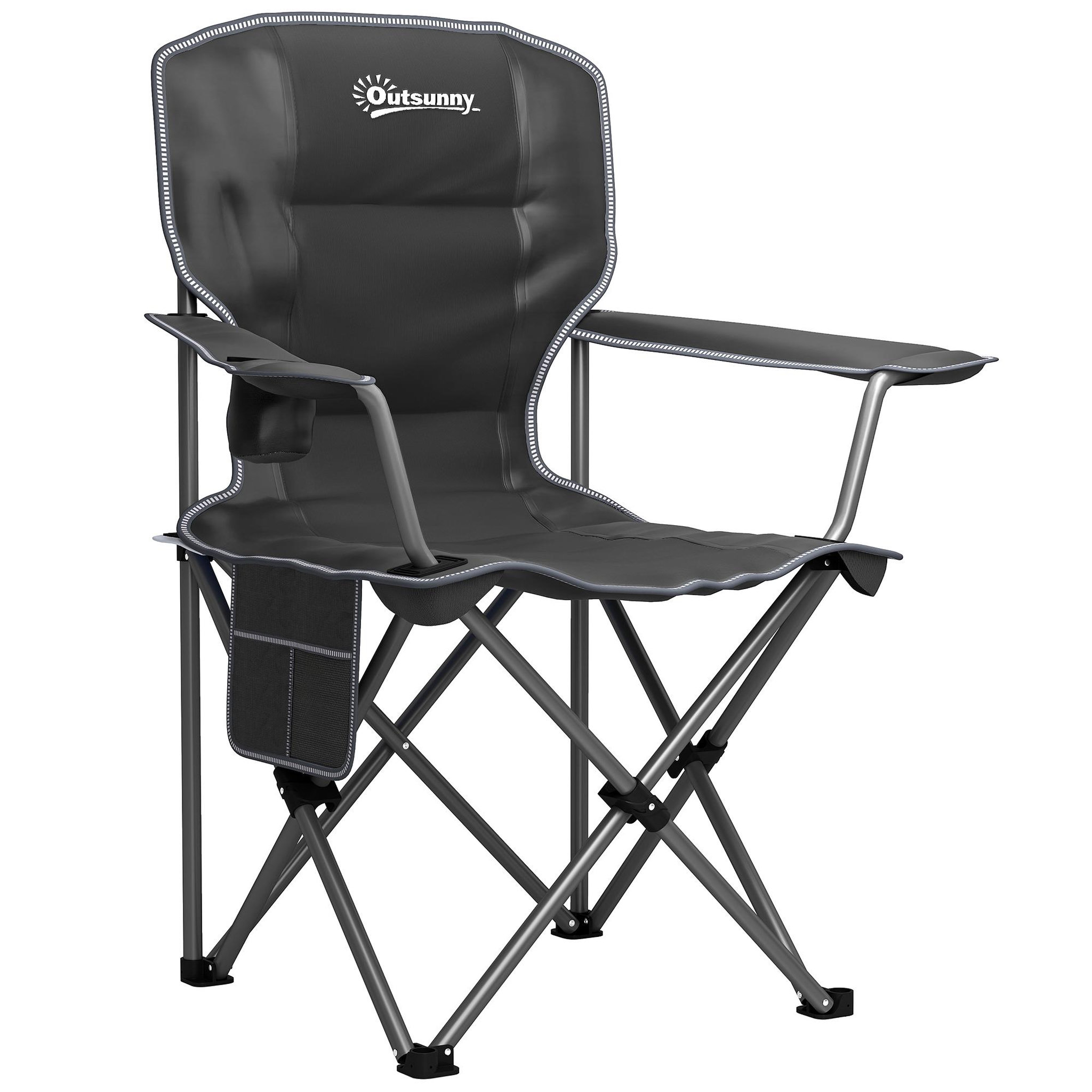 OUTSUNNY Chaise de camping pliante rembourrée - porte-gobelets, poches latérales rangement - sac transport inclus - noir