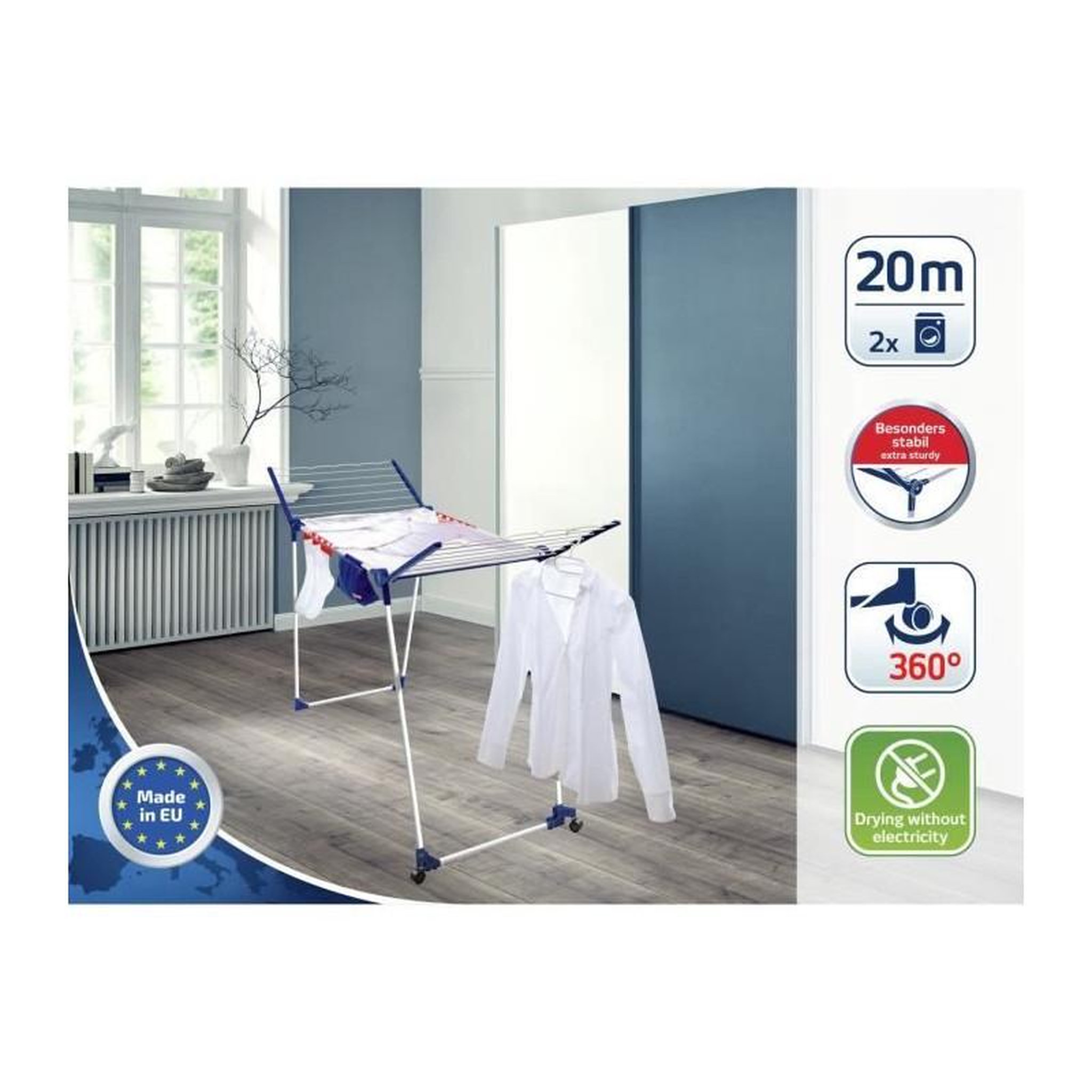 Voir la diapositive 2 : Leifheit Leifheit Séchoir sur pied Pegasus 200 Solid Deluxe Mobile 81517, séchoir a linge avec roulettes et multi accessoires, 20 metre