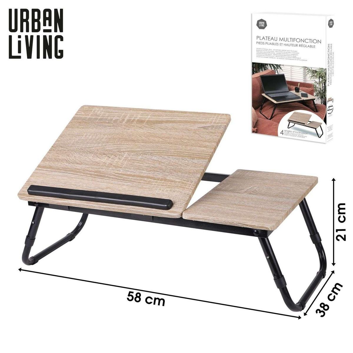 DIVERS Plateau multifonction pliable avec hauteur réglable en bois et métal - Beige et noir