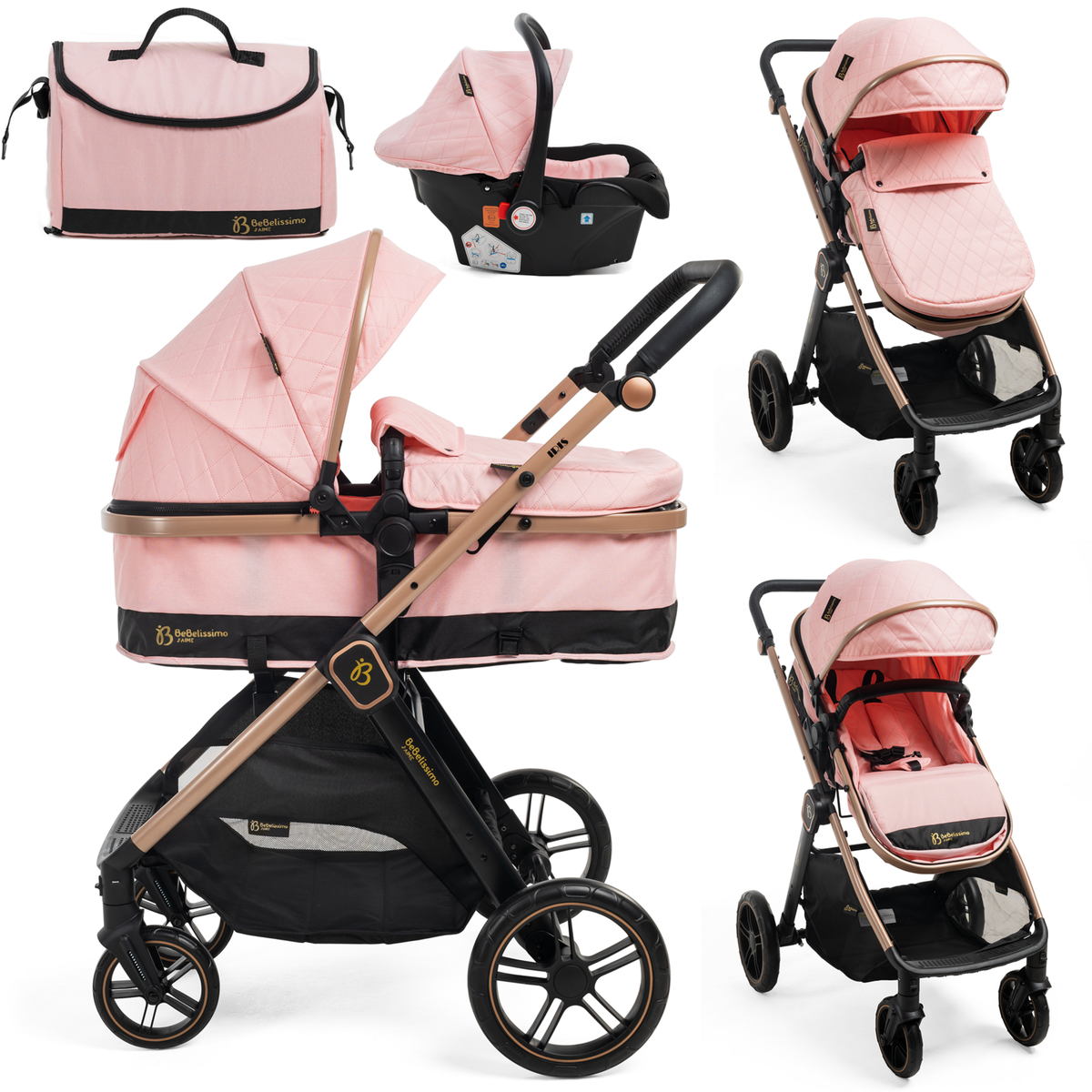 BEBELISSIMO BEBELISSIMO - Poussette combinée trio 3 en 1 - siège auto 0+ IRIS – nacelle – dès la naissance – jusqu'à 22kg  - rose