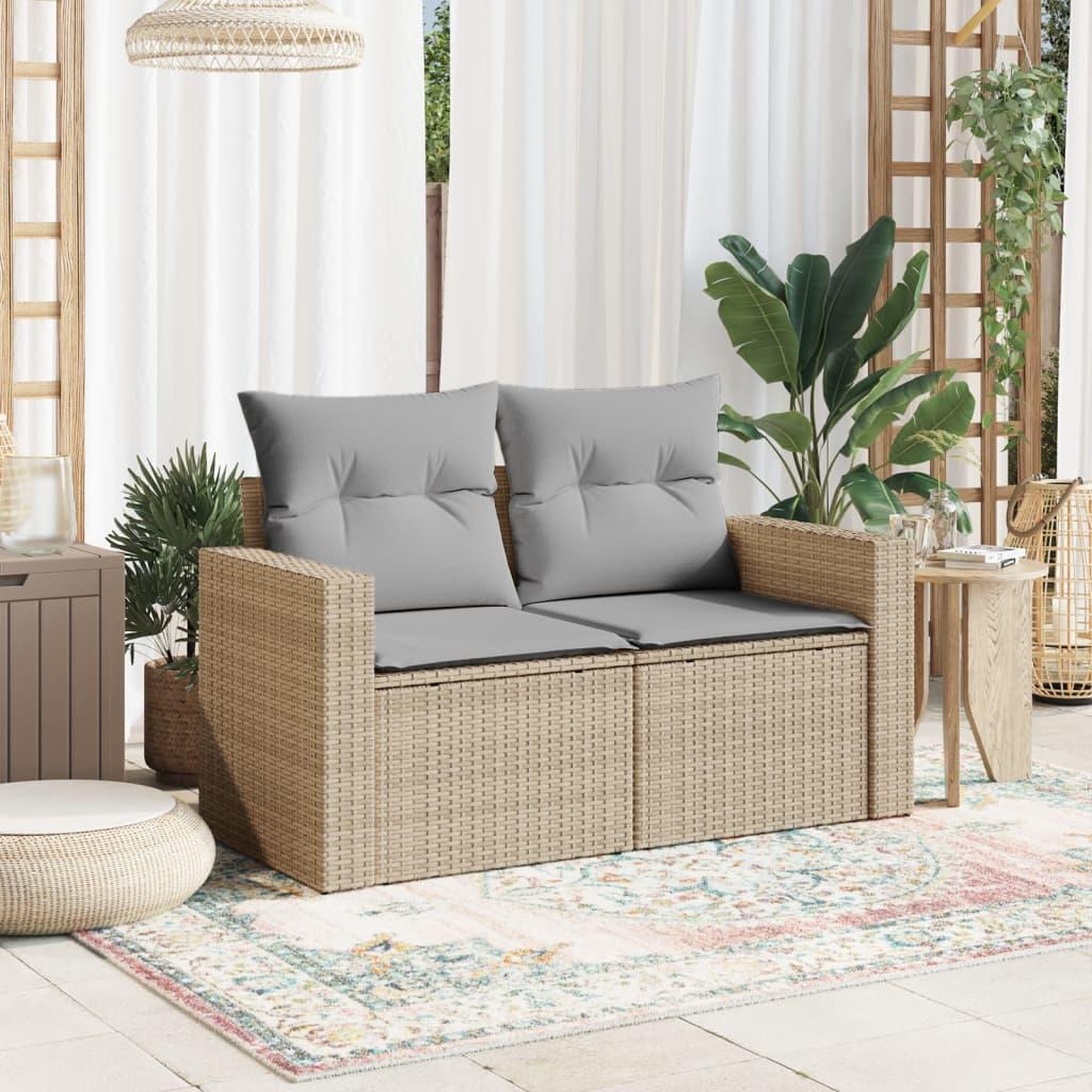Voir la diapositive 3 : VIDAXL Canape de jardin avec coussins 2 places beige resine tressee