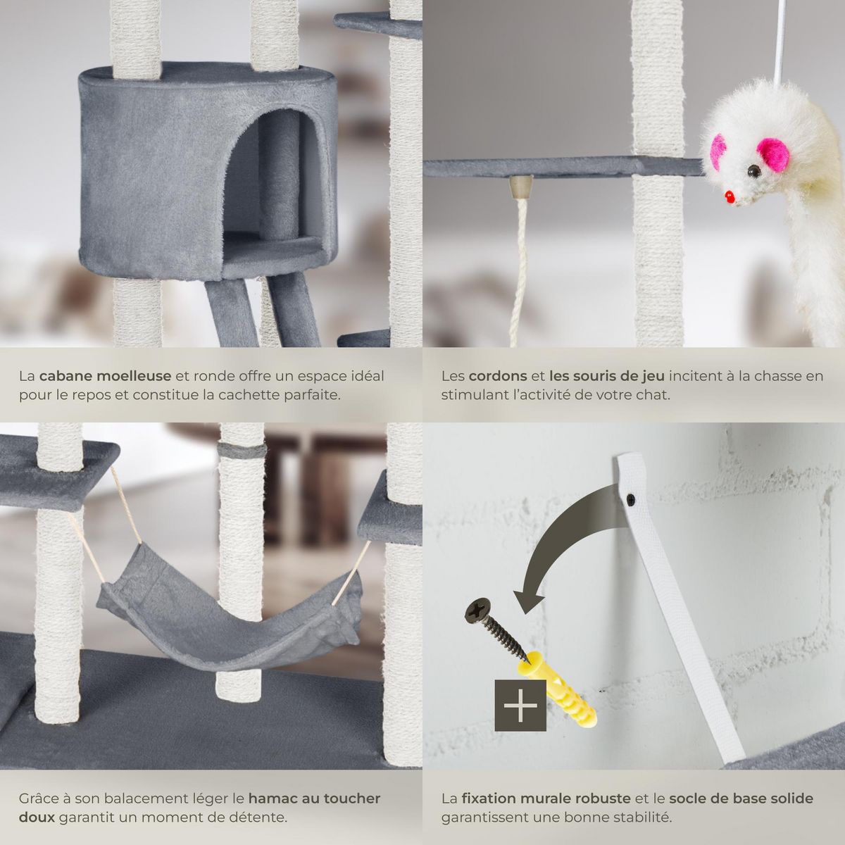 tectake Arbre à chat 234 à 261 cm avec griffoir et plateforme d'escalade gris