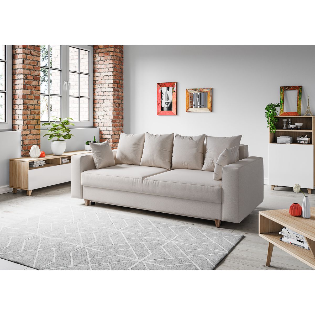 Canapé droit convertible 3 Places avec coffre  OLIVIA tissu écru