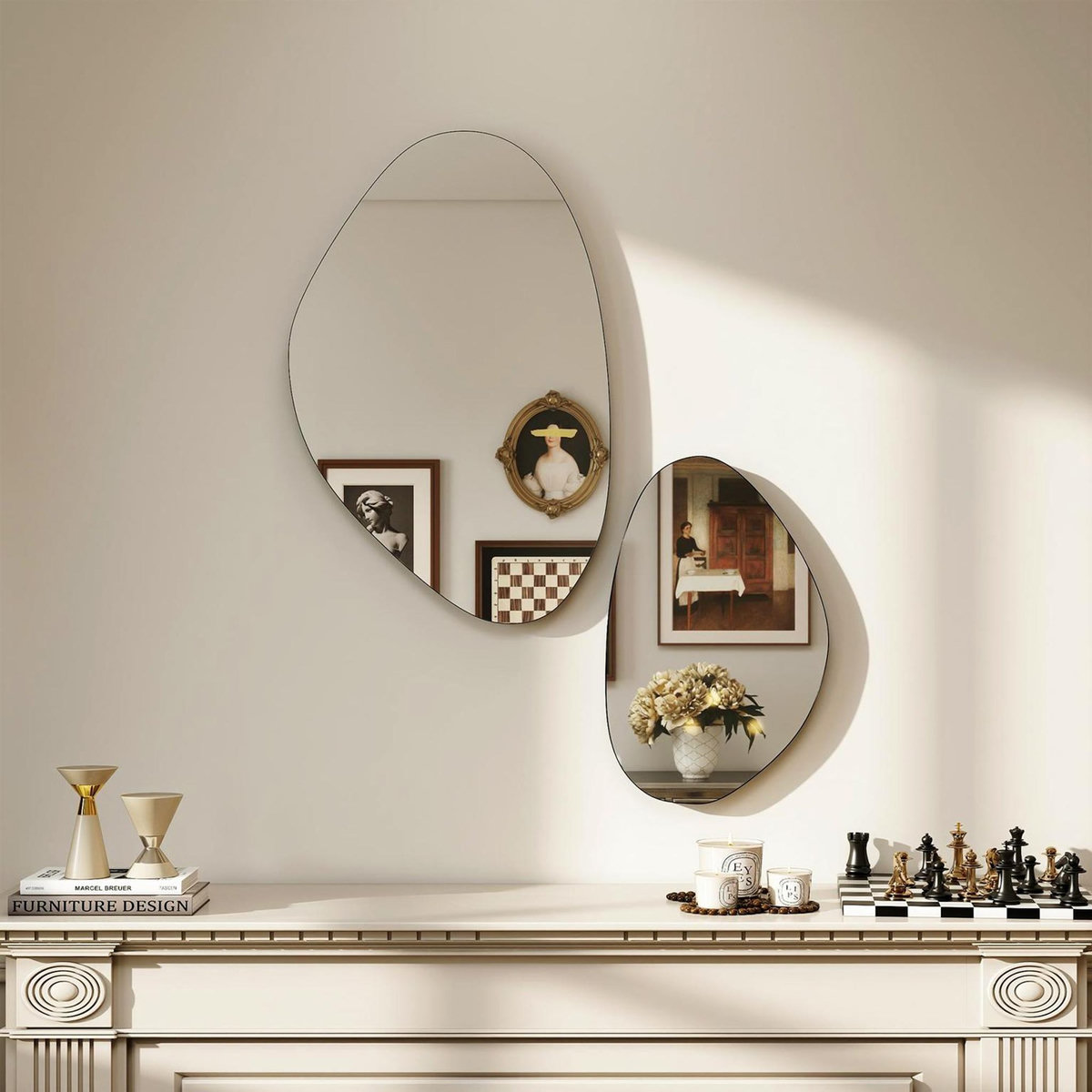 HOMCOM Lot de 2 miroirs organiques à suspendre L.46 x H.70 cm et L.31 x H.49 cm cadre métal noir