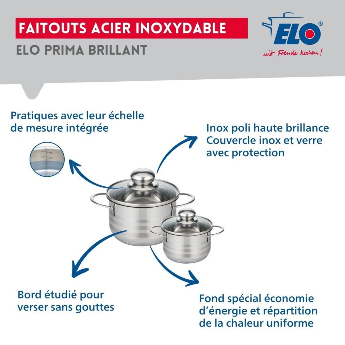 ELO Ensemble de 2 Poêles de cuisson 20 et 24 cm et 2 faitouts 12 et 16 cm Elo Prima Brillant