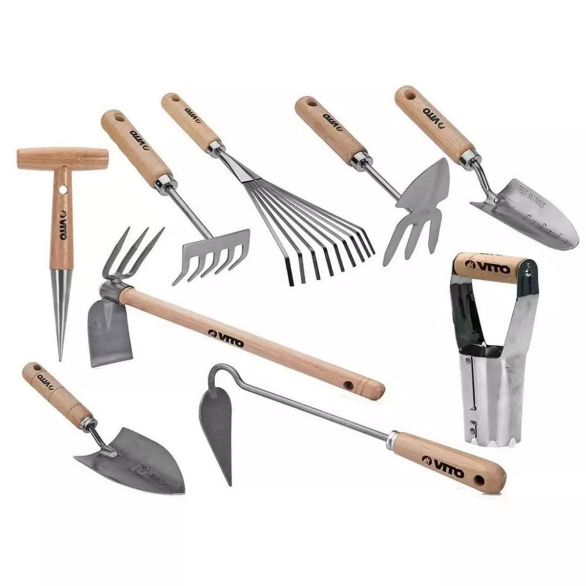 VITO Kit 9 outils de jardin Manche bois Hêtre Inox et Fer forgés à la main haute qualité Outils de jardin VITO