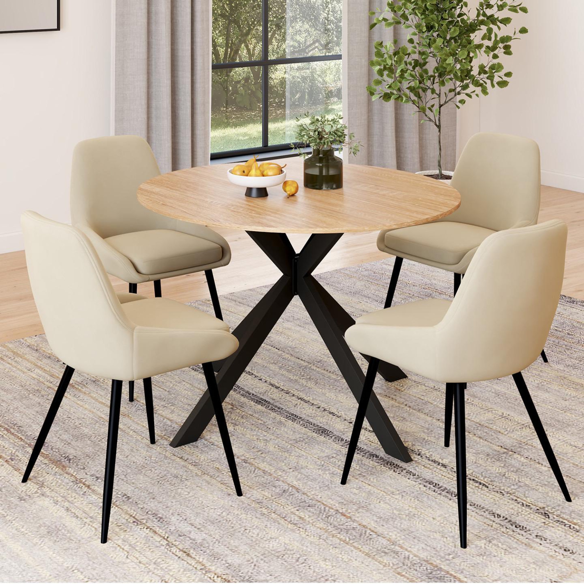 Voir la diapositive 5 : ID MARKET Ensemble table à manger extensible ronde alix bois et noir 110-150 cm et 4 chaises thalya velours beige
