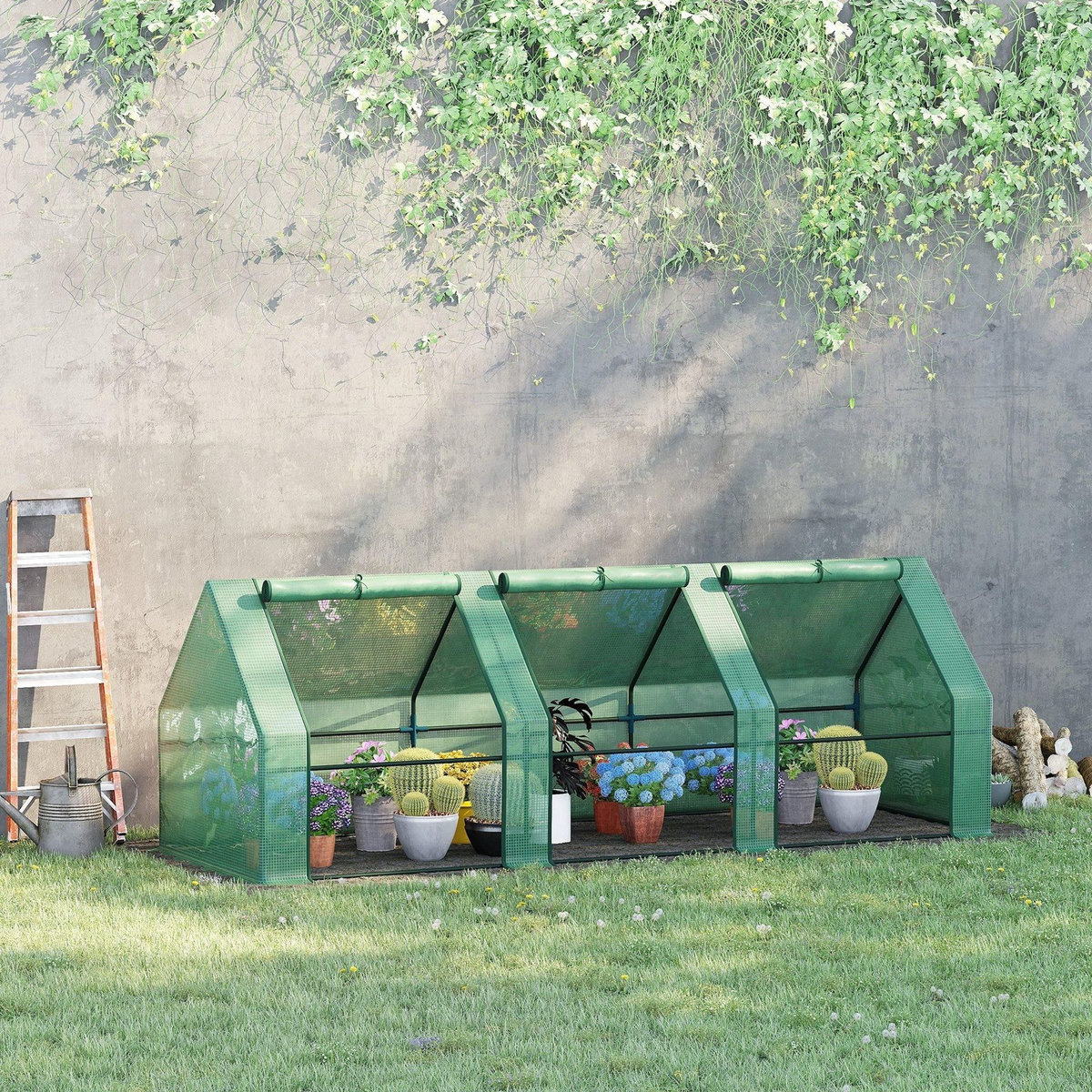 HOMCOM Mini serre de jardin 270L x 90l x 90H cm acier PE haute densité 140 g/m² anti-UV 3 fenêtres avec zip enroulables vert