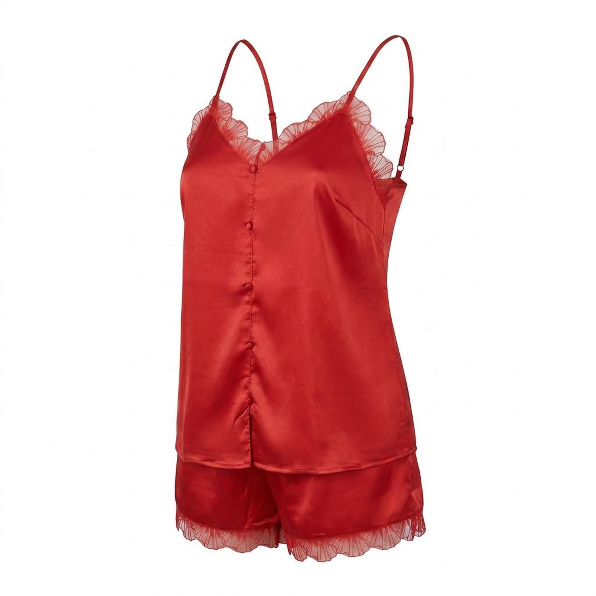 Voir la diapositive 1 : OZABI OZABI Pyjama Femme Satiné Débardeur Col V Dentelle Effet Soie Short