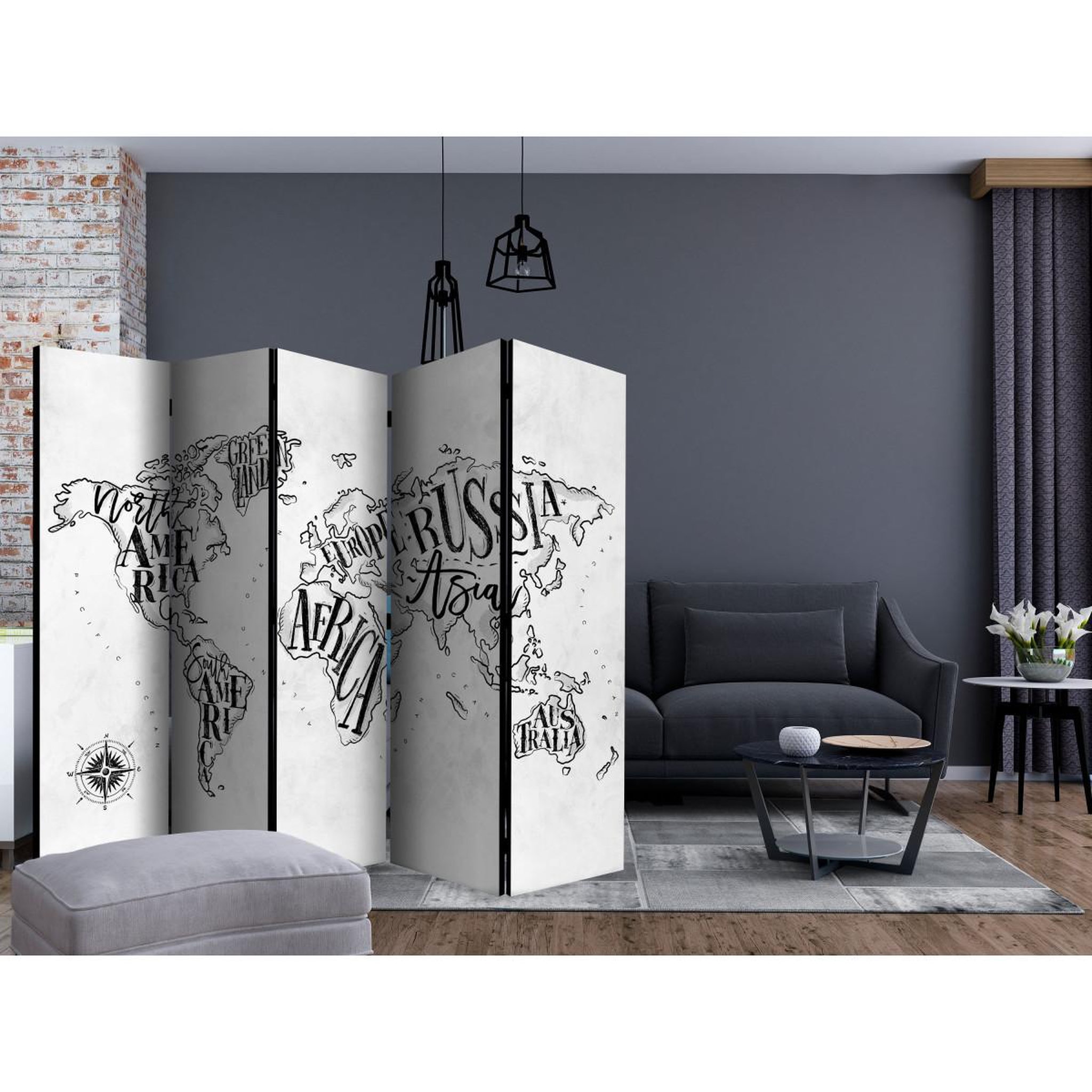 Voir la diapositive 2 : Paris Prix Paravent 5 volets  retro continents grey  172x225cm