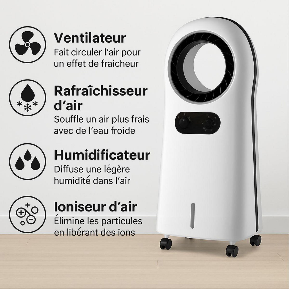 NIKLAS Climatiseur Mobile Silencieux 110W 4en1 : Ventilateur, Rafraichisseur, Humidificateur d'air sur roues 3 Vitesses NIKLAS