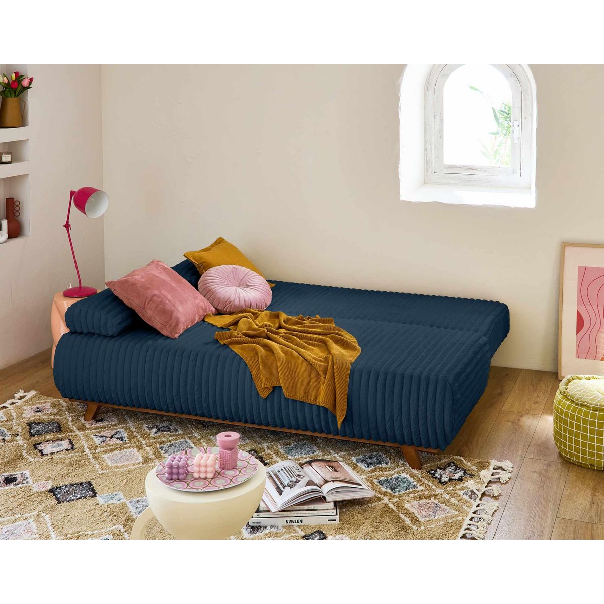 BEST MOBILIER Cristal - canapé 3 places - convertible avec coffre et pouf - en fausse fourrure côtelée