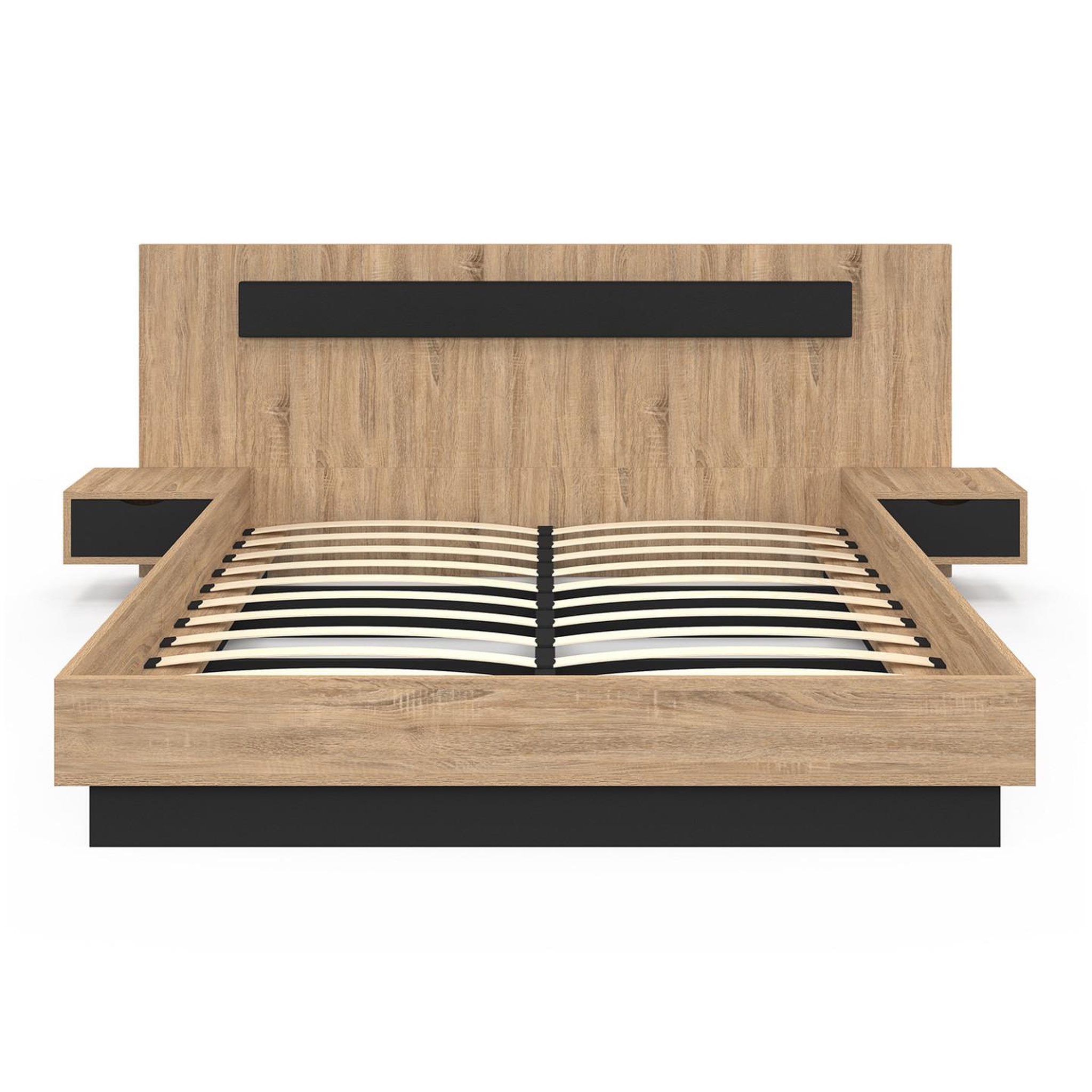 Voir la diapositive 3 : ID MARKET Lit double santa avec tête de lit + tables de chevet intégrées et sommier 160 x 200 cm bois et noir