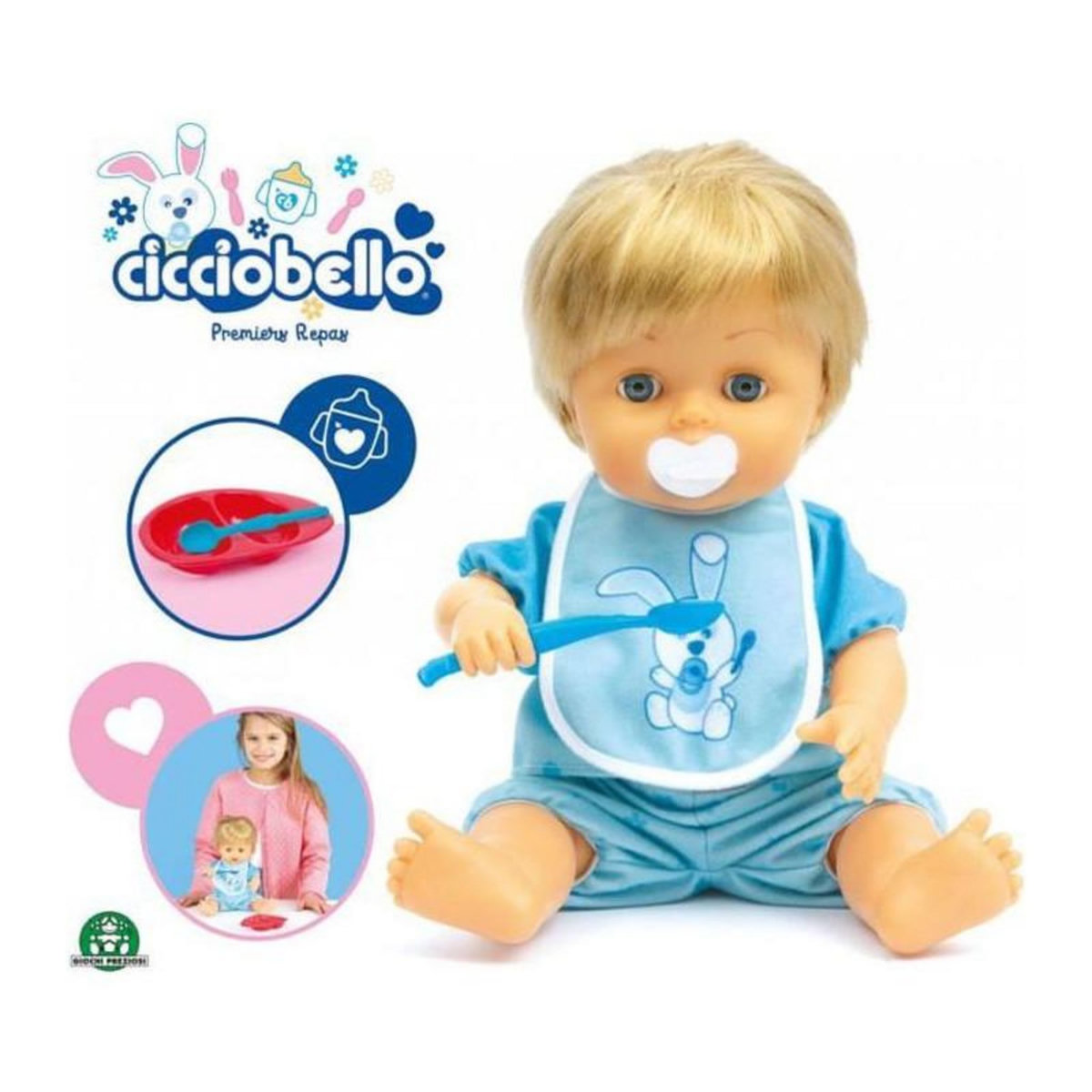  Cicciobello, Premiers Repas, poupon 30 cm, Apprend a manger tout seul, Necessaire pour le repas, Jouet pour enfants des 2 ans, C