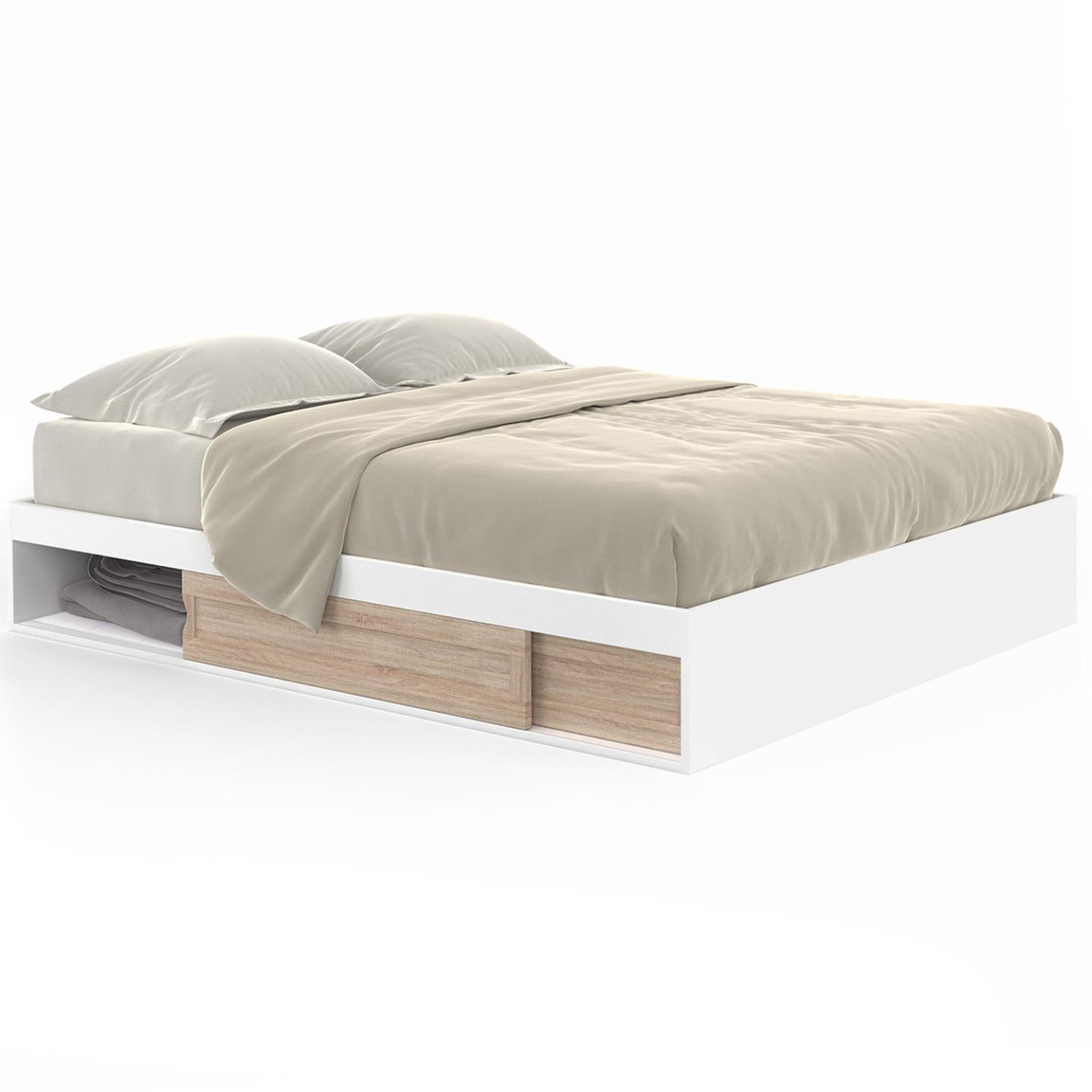 ID MARKET Cadre de lit double salem avec rangements et sommier 140 x 190 cm blanc et façon hêtre