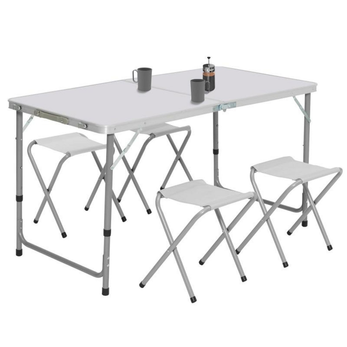 ID MARKET Table de camping pliante réglable en hauteur 120 cm et 4 tabourets blanc