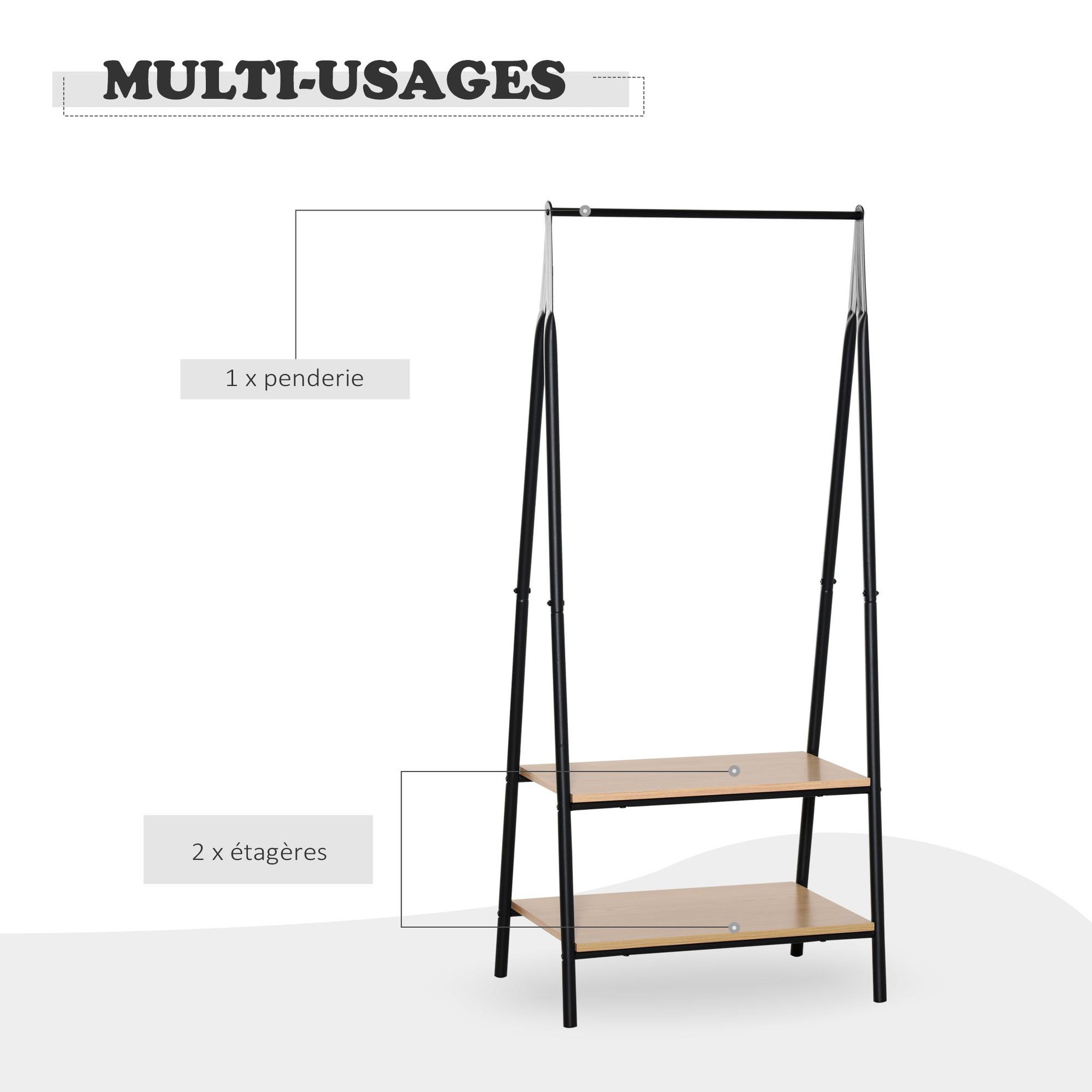 Voir la diapositive 6 : HOMCOM Portant à vêtements penderie style contemporain triangulaire dim. 64l x 43l x 149h cm 2 étagères mdf bois clair acier noir