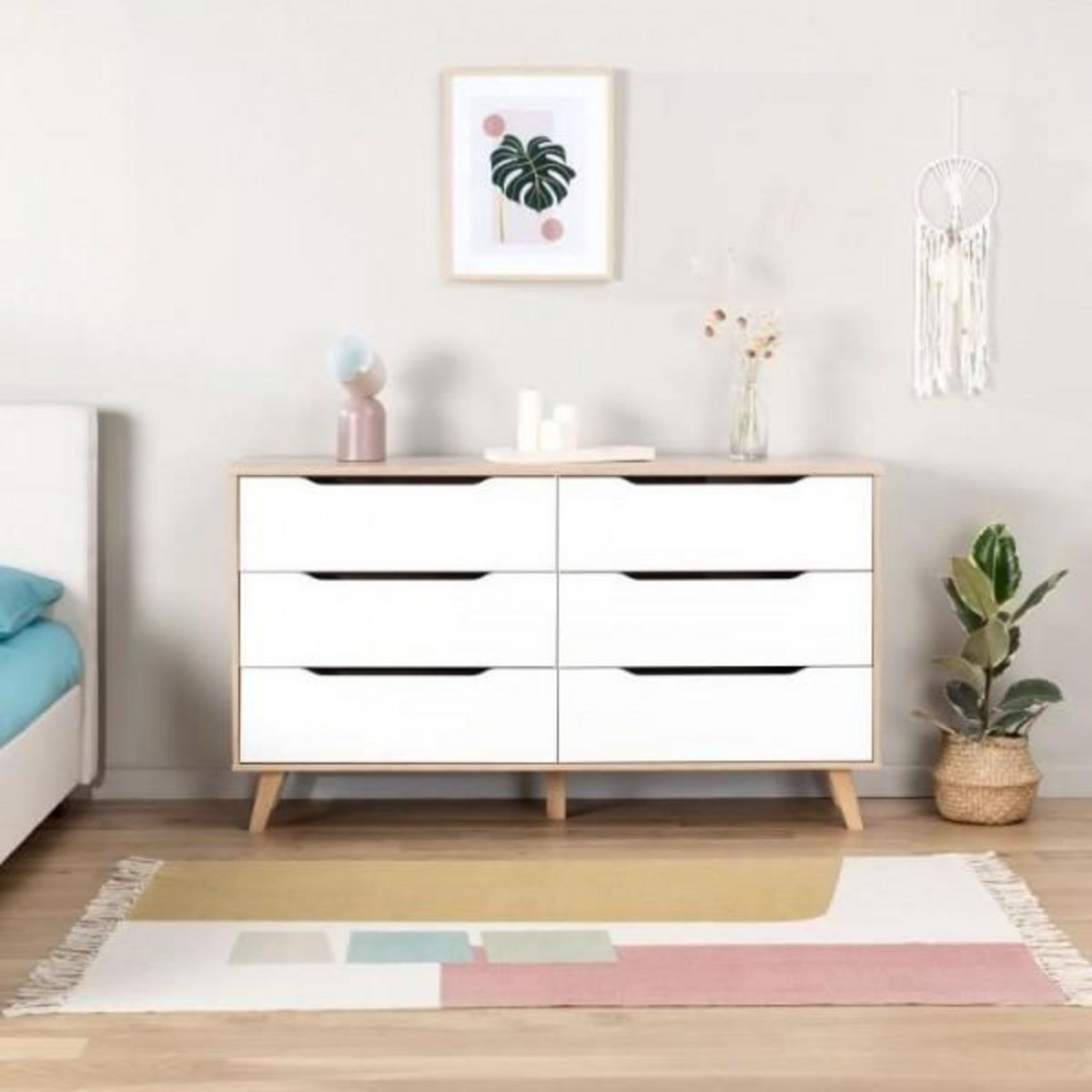 MARKET24 Commode 6 tiroirs - En panneaux de particules - Décor chene et blanc - Contemporain - L 154 x P 42 x H 86 cm