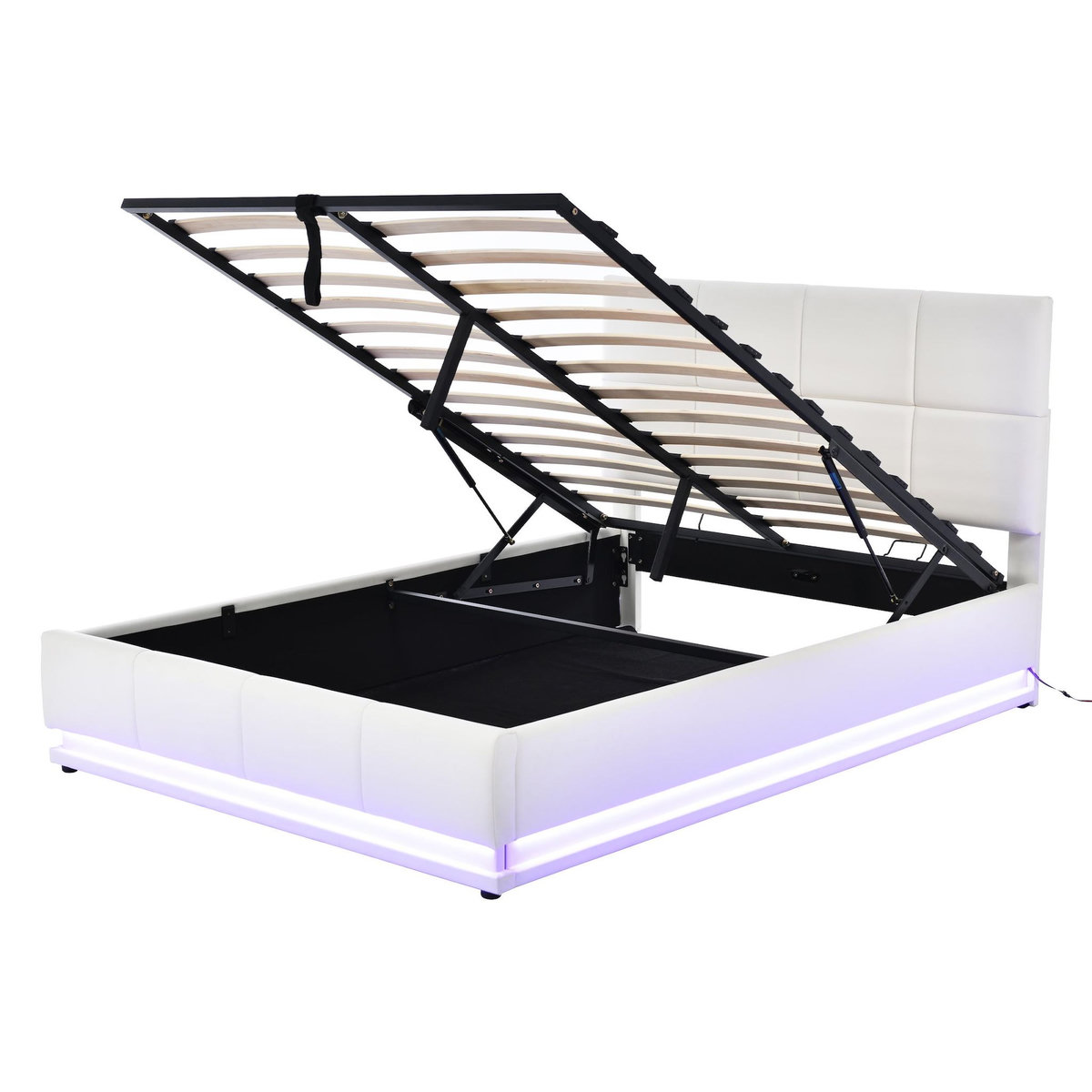 MERAX Lit coffre rembourré 140x200 cm coloris blanc led tissu