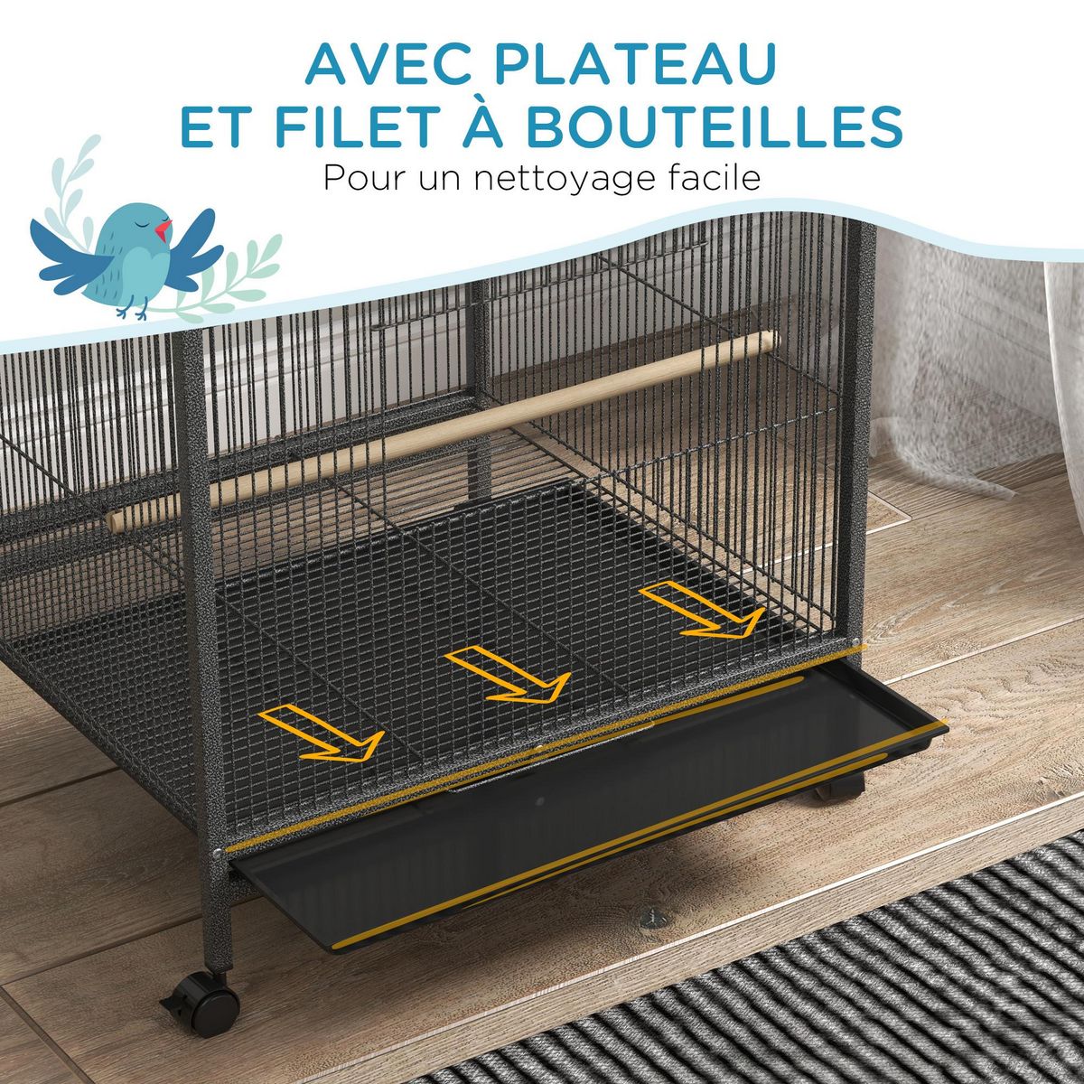 PAWHUT Cage à oiseaux sur roulettes - volière mobile - nombreux accessoires - dim. 48x46x74cm - acier époxy gris noir