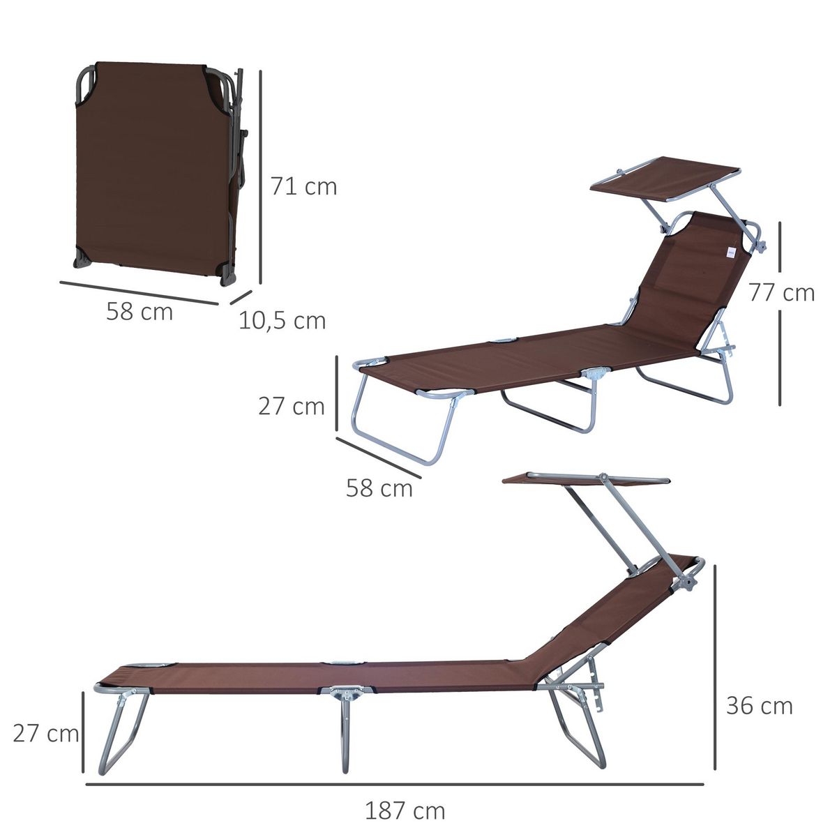 OUTSUNNY Transat bain de soleil pliable grand confort dossier et pare-soleil réglable multi-positions chocolat
