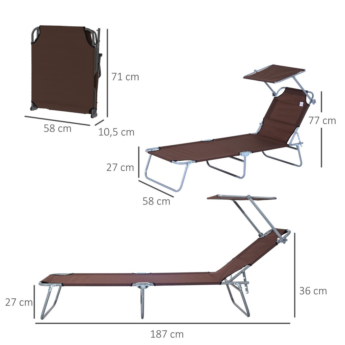 OUTSUNNY Transat bain de soleil pliable grand confort dossier et pare-soleil réglable multi-positions chocolat