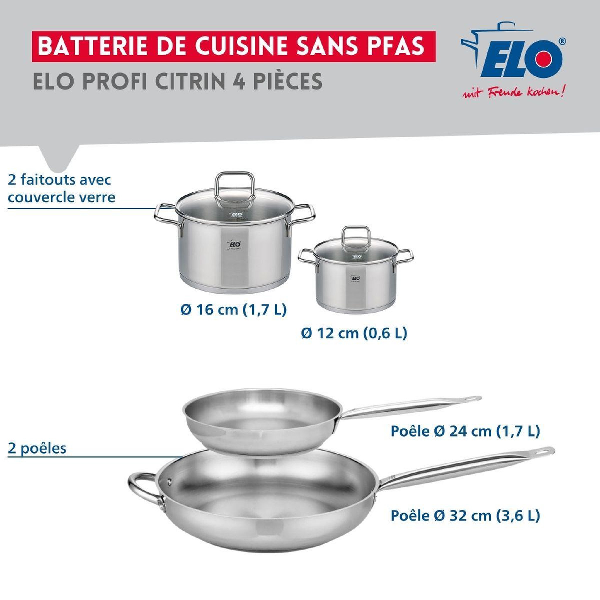 Voir la diapositive 2 : ELO Ensemble de 2 poêles de cuisson 24 et 32 cm et 2 faitouts 12 et 16 cm elo profi citrin