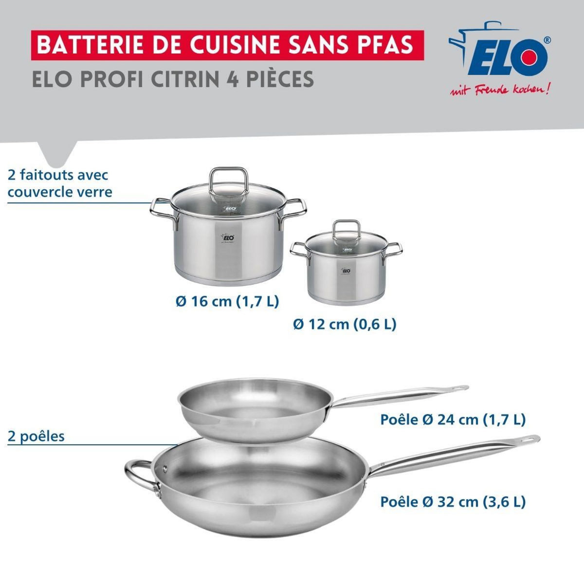 ELO Ensemble de 2 Poêles de cuisson 24 et 32 cm et 2 faitouts 12 et 16 cm Elo Profi Citrin