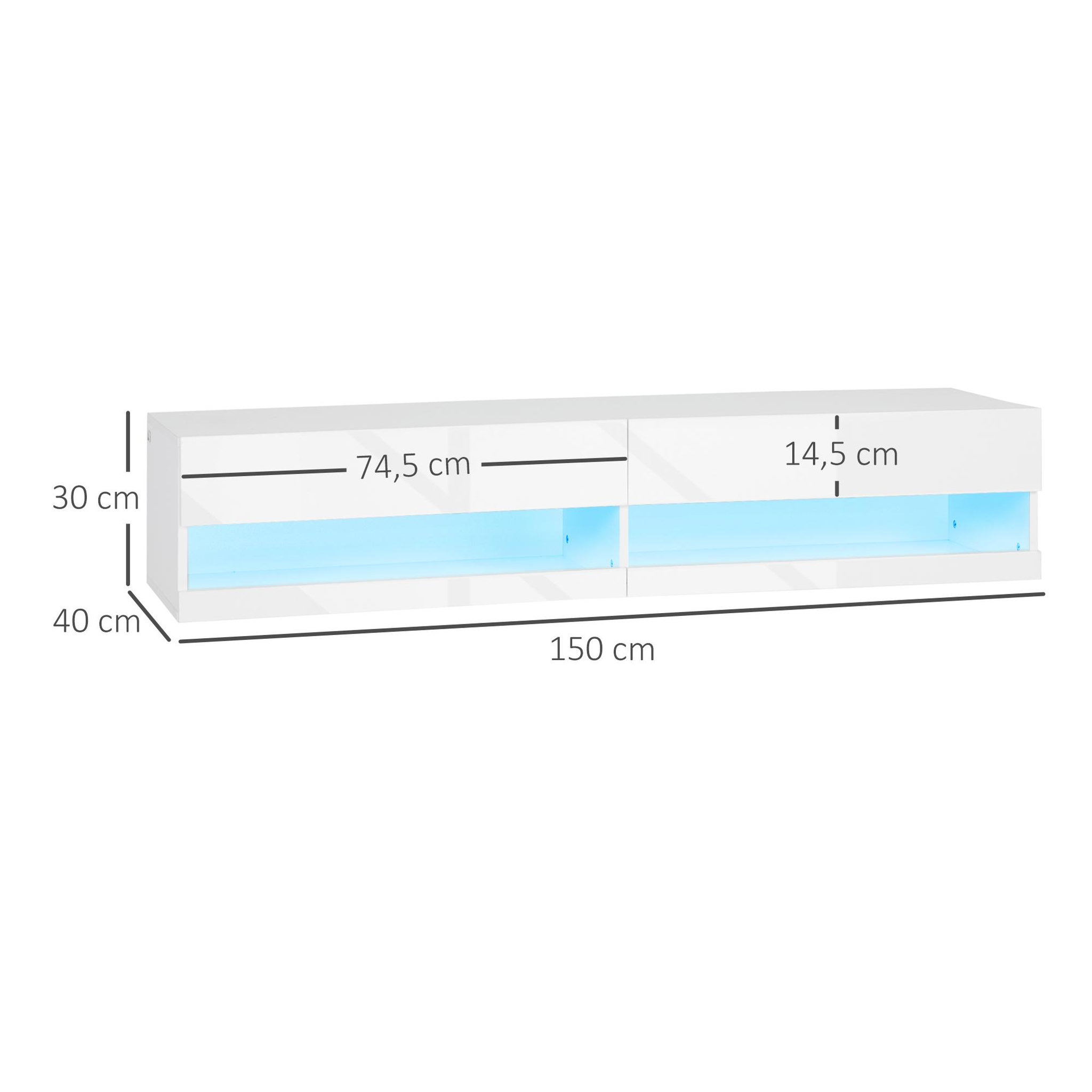 Voir la diapositive 3 : HOMCOM Meuble TV mural LED - banc TV flottant - 2 portes battantes - dim. 150L x 40l x 30H cm - blanc laqué