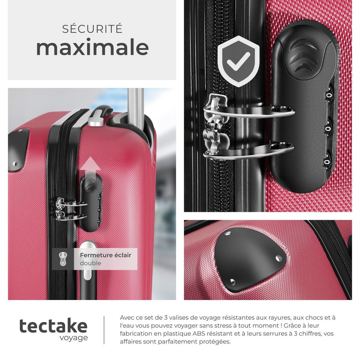 tectake Set de valises trolley rigides 3 parties, en plastique ABS robuste rouge