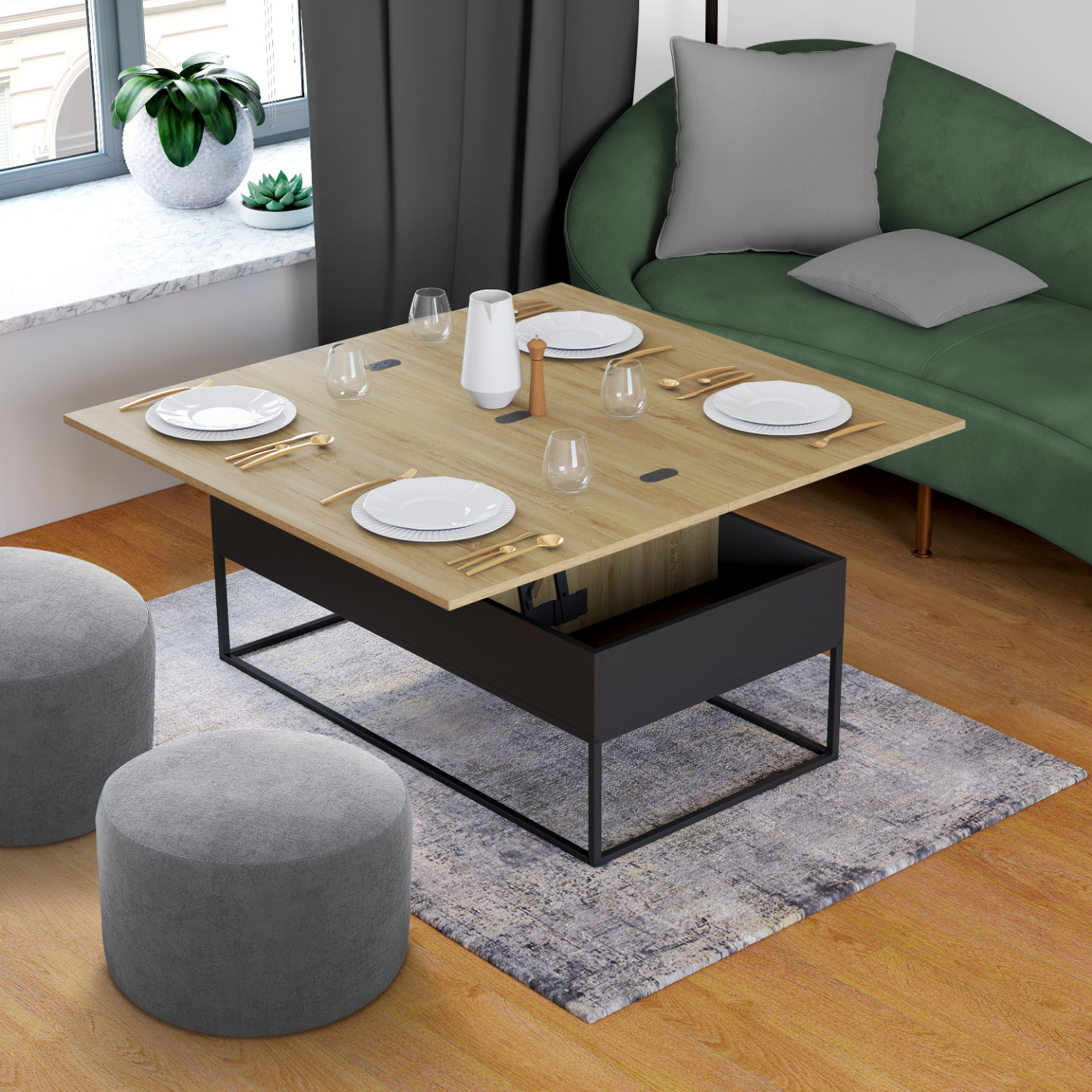 Voir la diapositive 2 : ID MARKET Table basse plateau relevable rectangulaire convertible en table à manger boston 100 cm design industriel