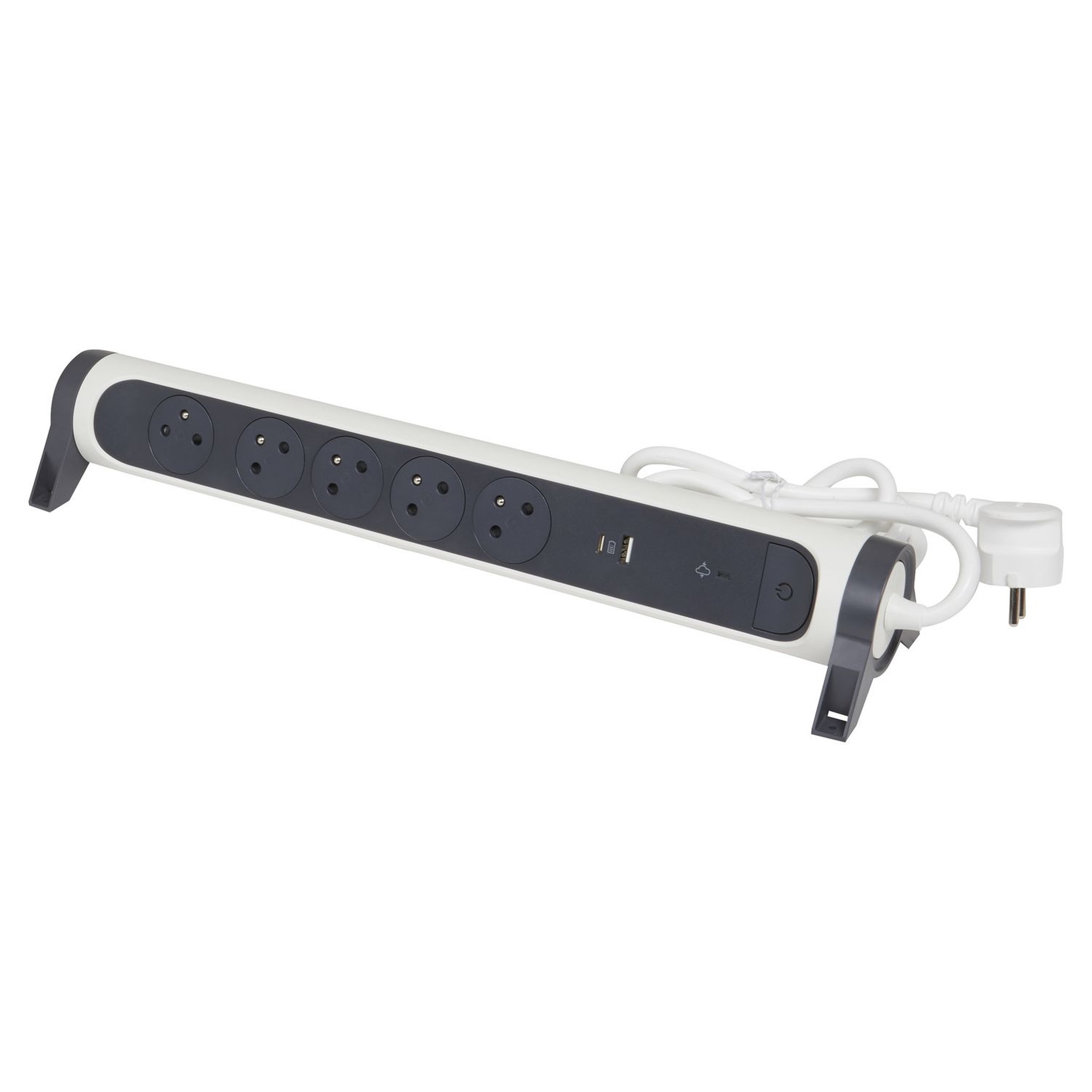 Trefiliaction  Rallonge 5x2P+T Surface - inter, cordon 1,5m, parafoudre et USB A+C- blanc/gris