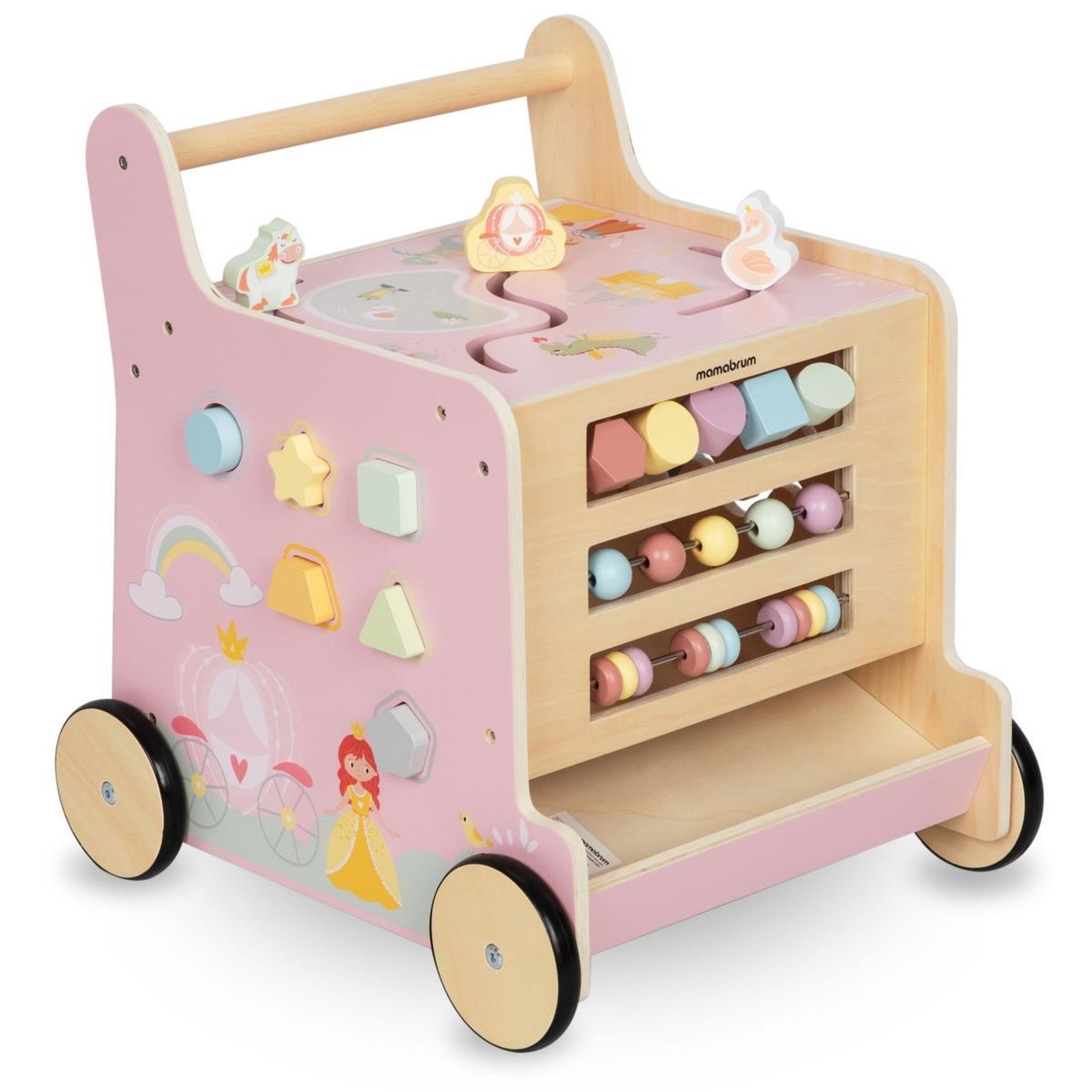 MAMABRUM Trotteur en Bois 2-en-1 Rose avec Cube Éducatif et Activités d'Éveils-