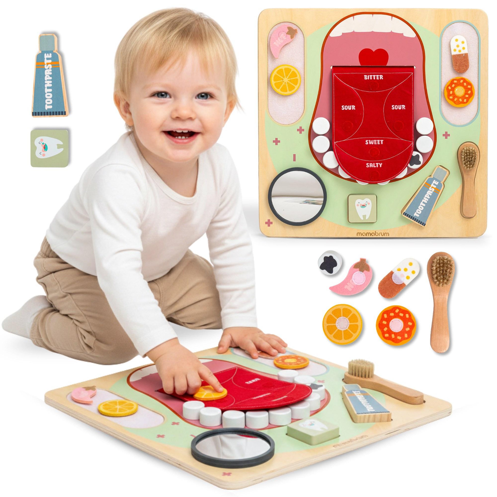 MAMABRUM Tableau Manipulation Bois Mamabrum Petit Dentiste Hygiene Dents 45x45 cm 18M+